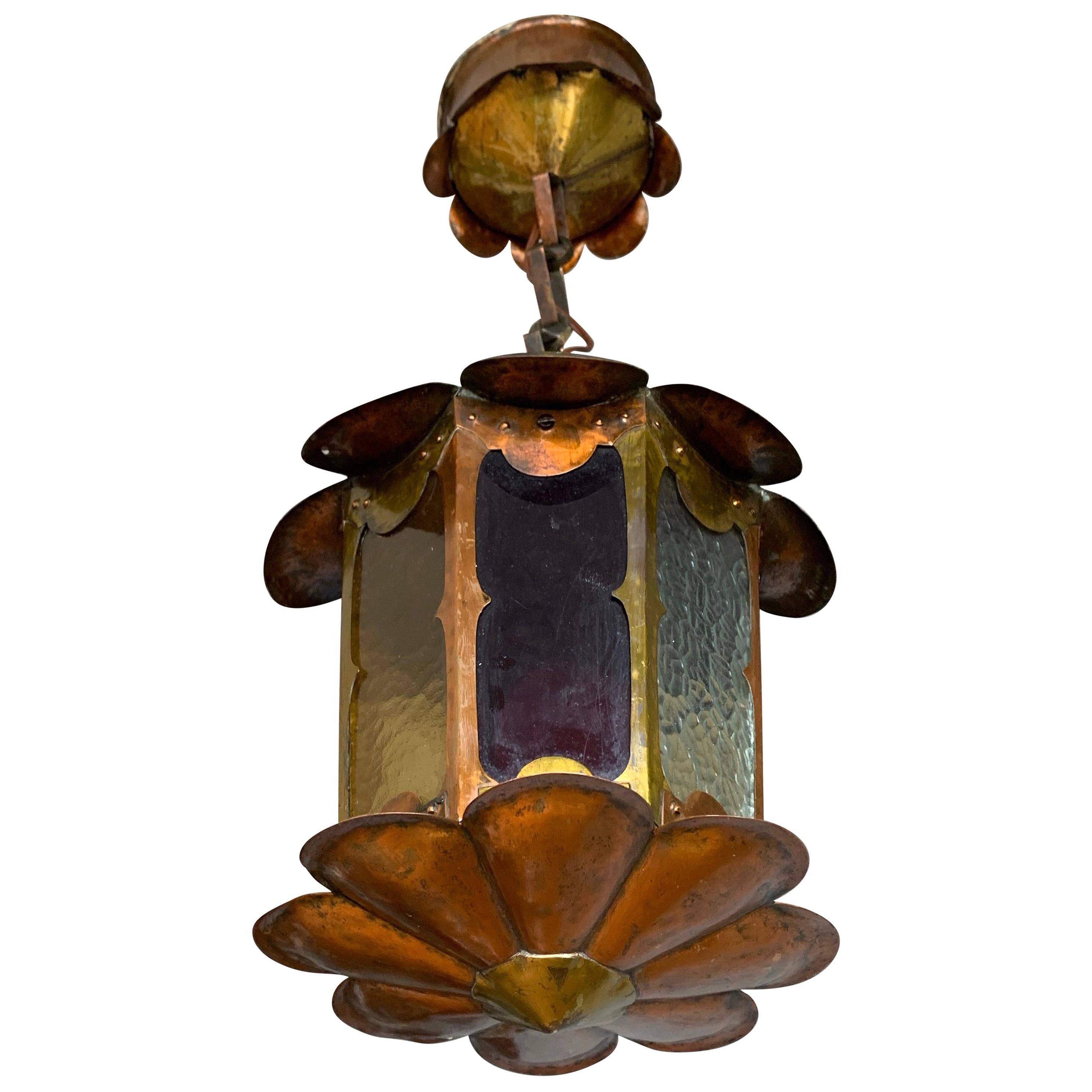 Unique Arts & Crafts Patinated Copper & Cathedral Glass Pendant Light / Fixture