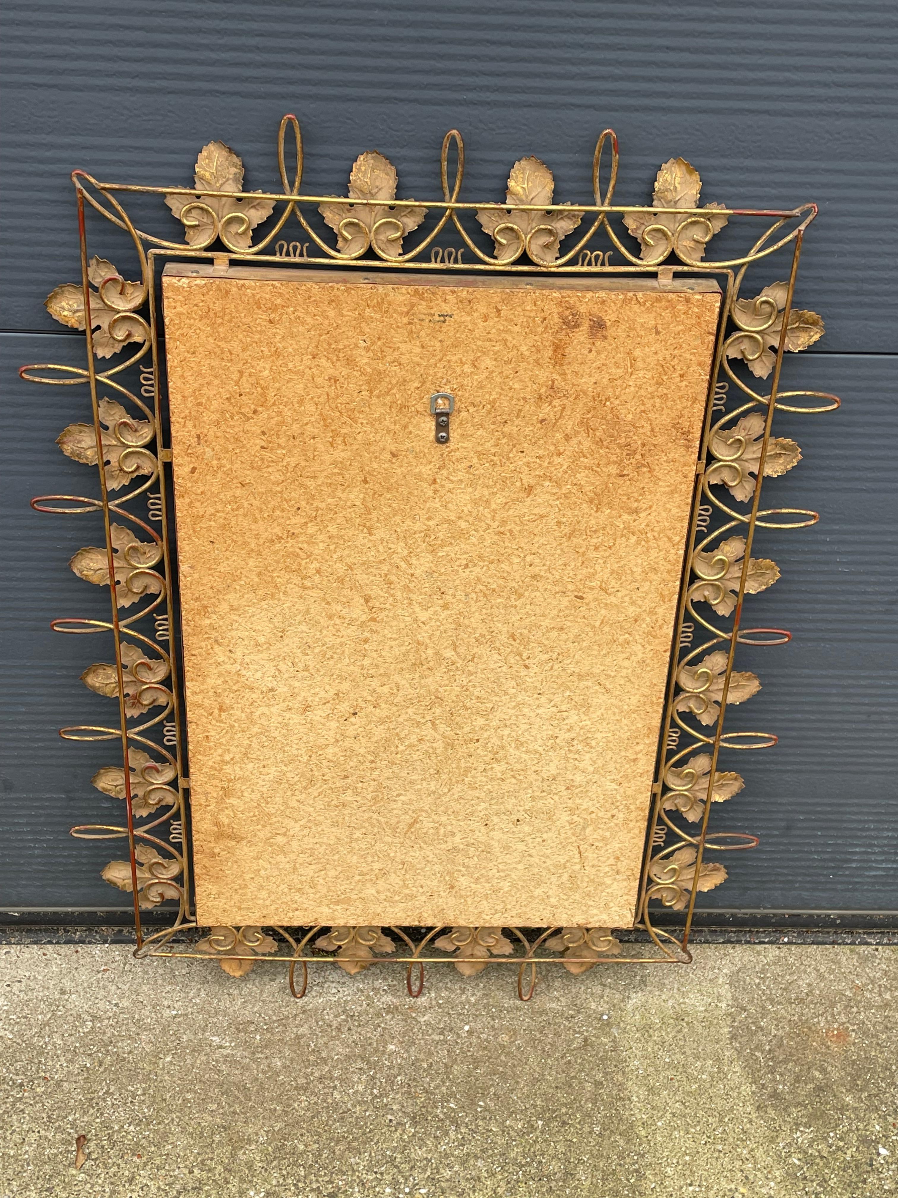 Unique Arts & Crafts Style Wall Mirror w. Gold Painted Grape Leafs / Wine Theme For Sale 2