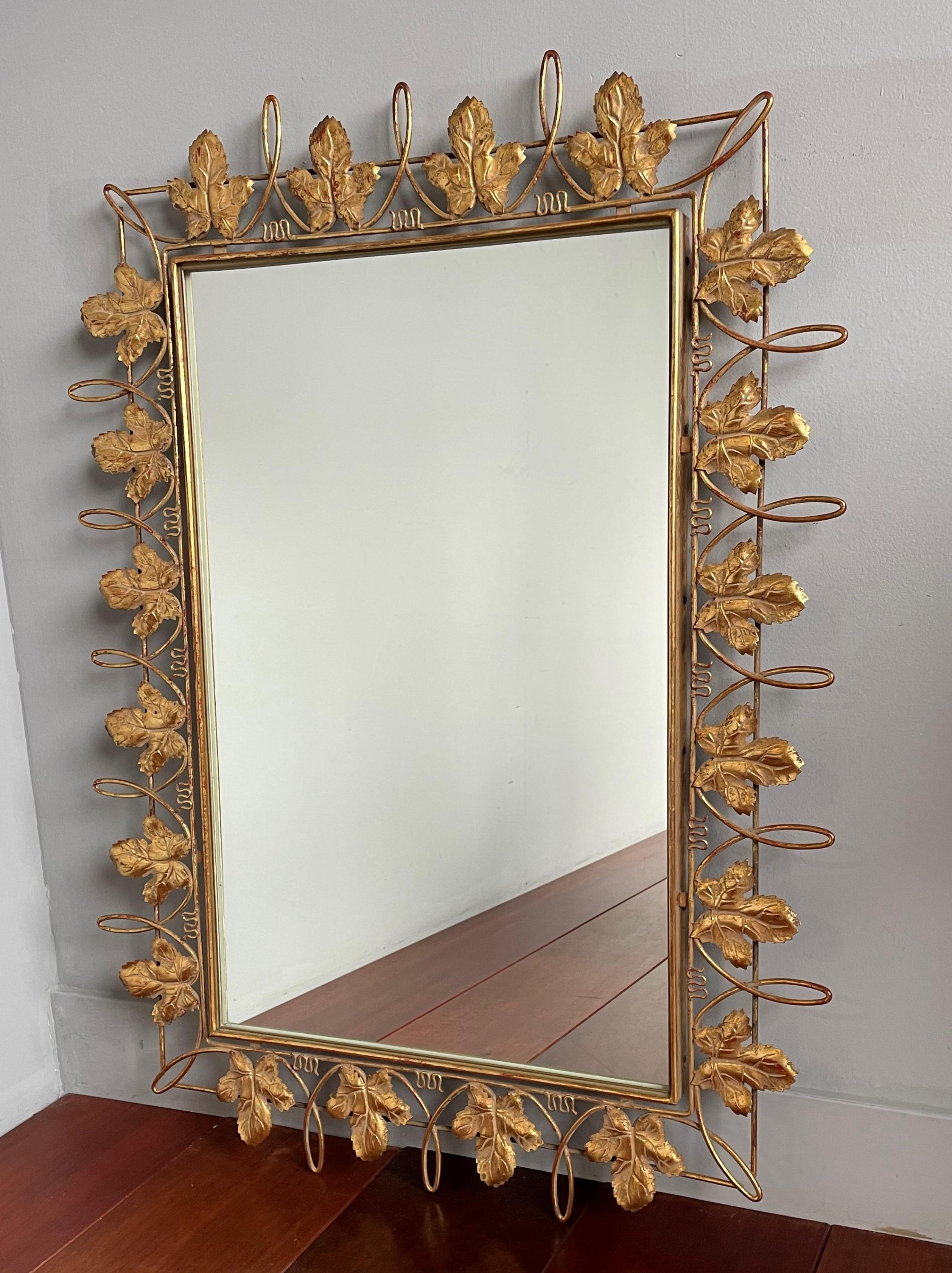 Unique Arts & Crafts Style Wall Mirror w. Gold Painted Grape Leafs / Wine Theme For Sale 3