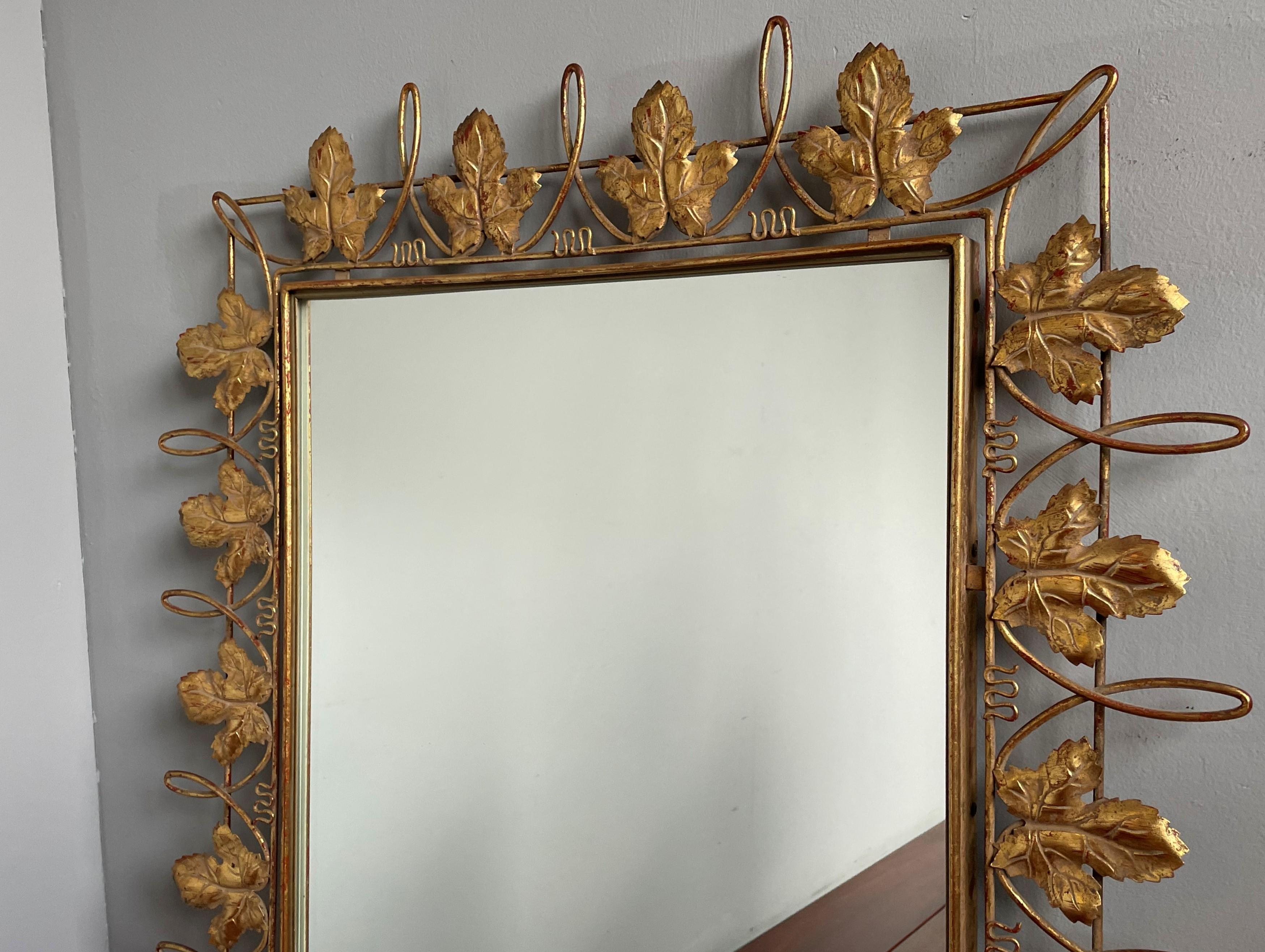 Unique Arts & Crafts Style Wall Mirror w. Gold Painted Grape Leafs / Wine Theme For Sale 5