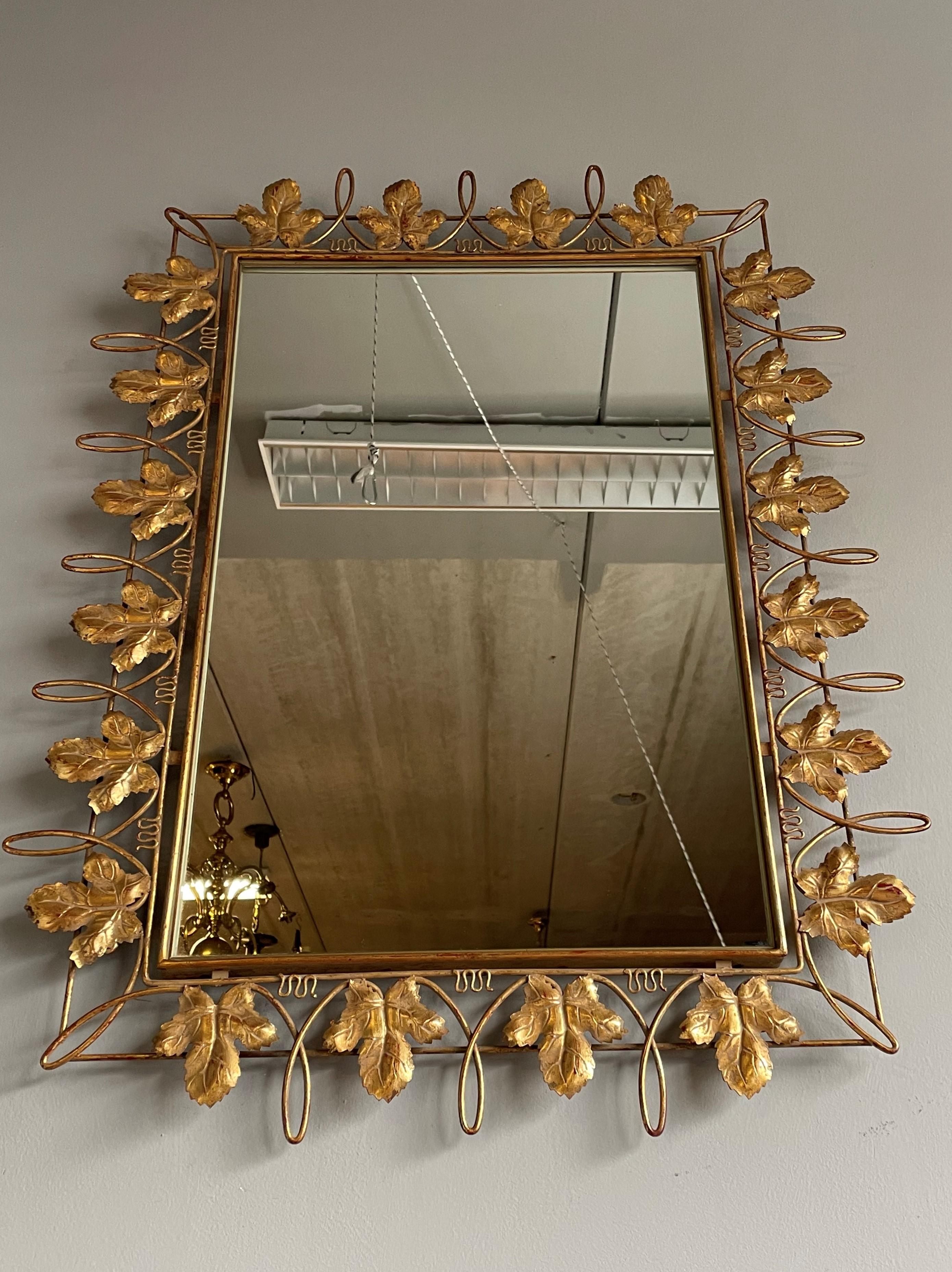 Unique Arts & Crafts Style Wall Mirror w. Gold Painted Grape Leafs / Wine Theme For Sale 6