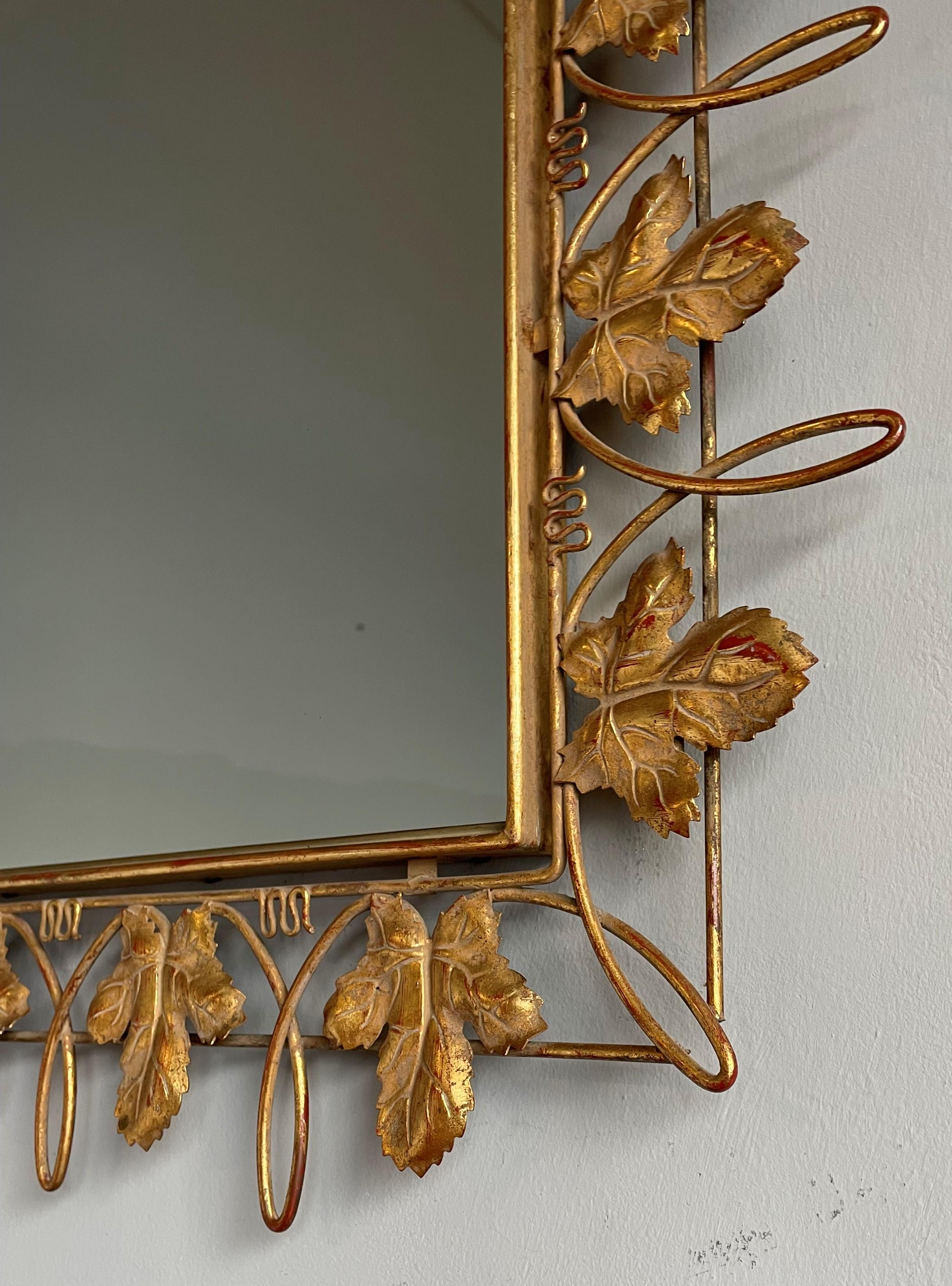 Unique Arts & Crafts Style Wall Mirror w. Gold Painted Grape Leafs / Wine Theme For Sale 8