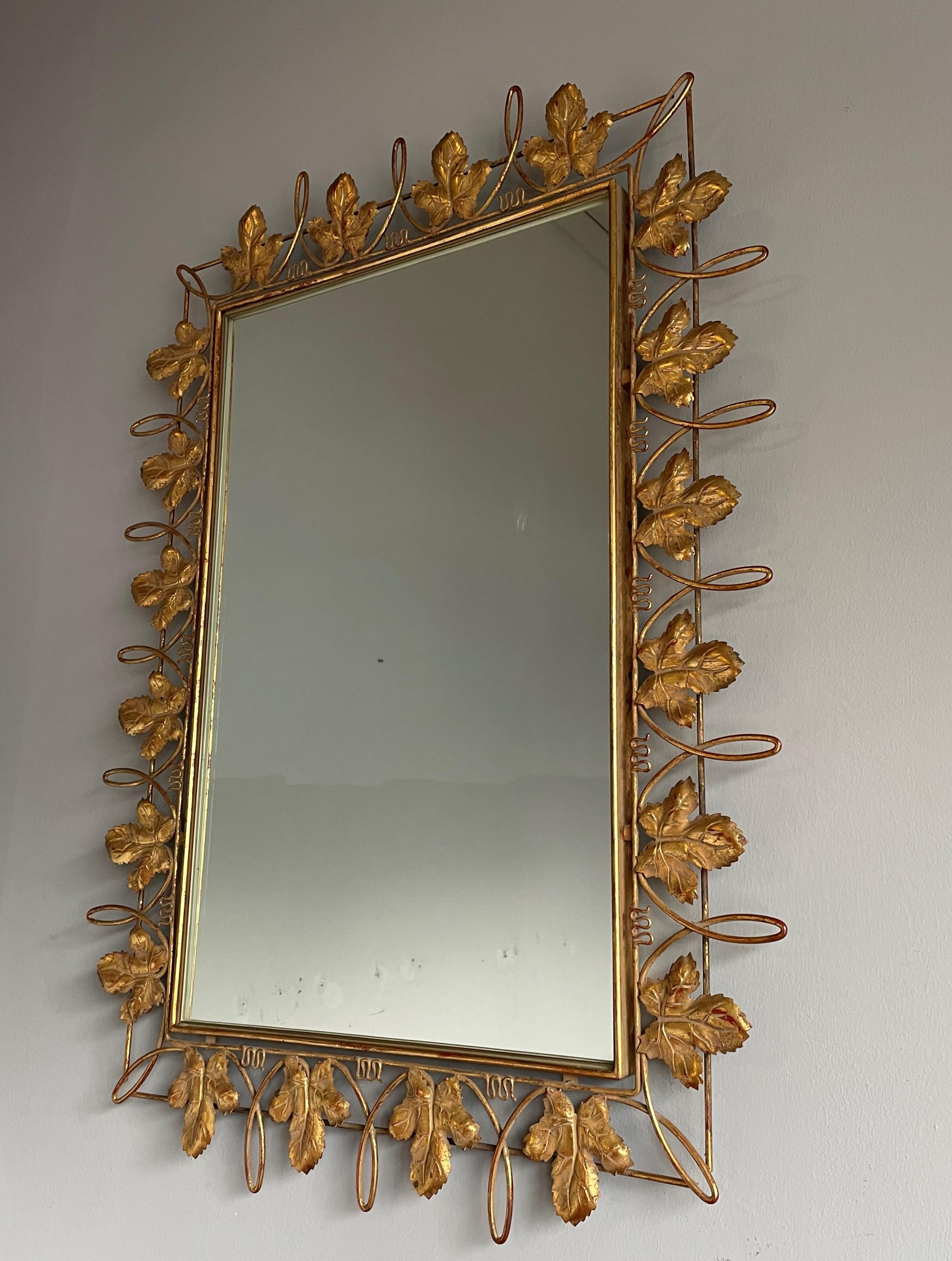 Unique Arts & Crafts Style Wall Mirror w. Gold Painted Grape Leafs / Wine Theme For Sale 9