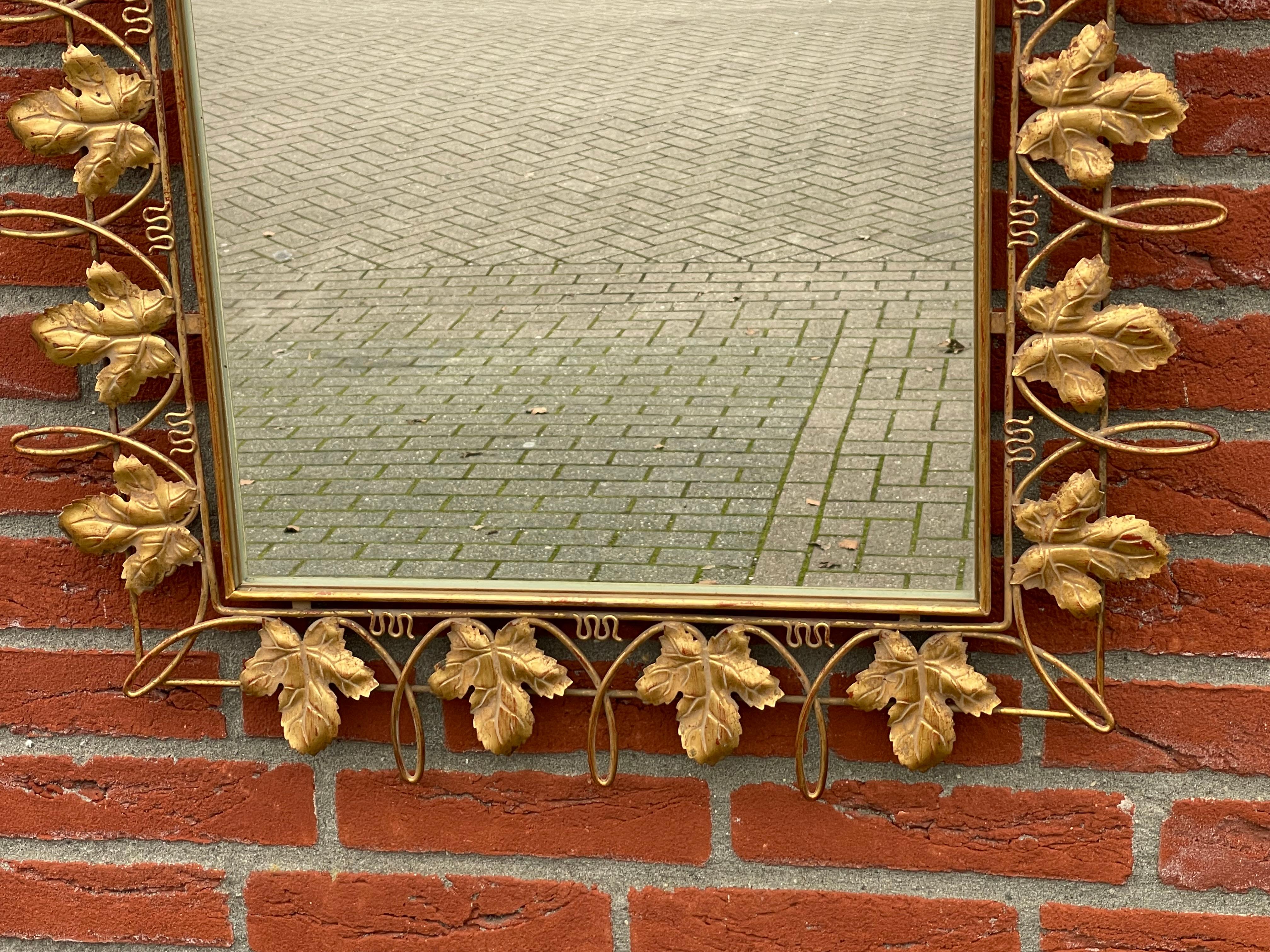 Arts and Crafts Unique Arts & Crafts Style Wall Mirror w. Gold Painted Grape Leafs / Wine Theme For Sale