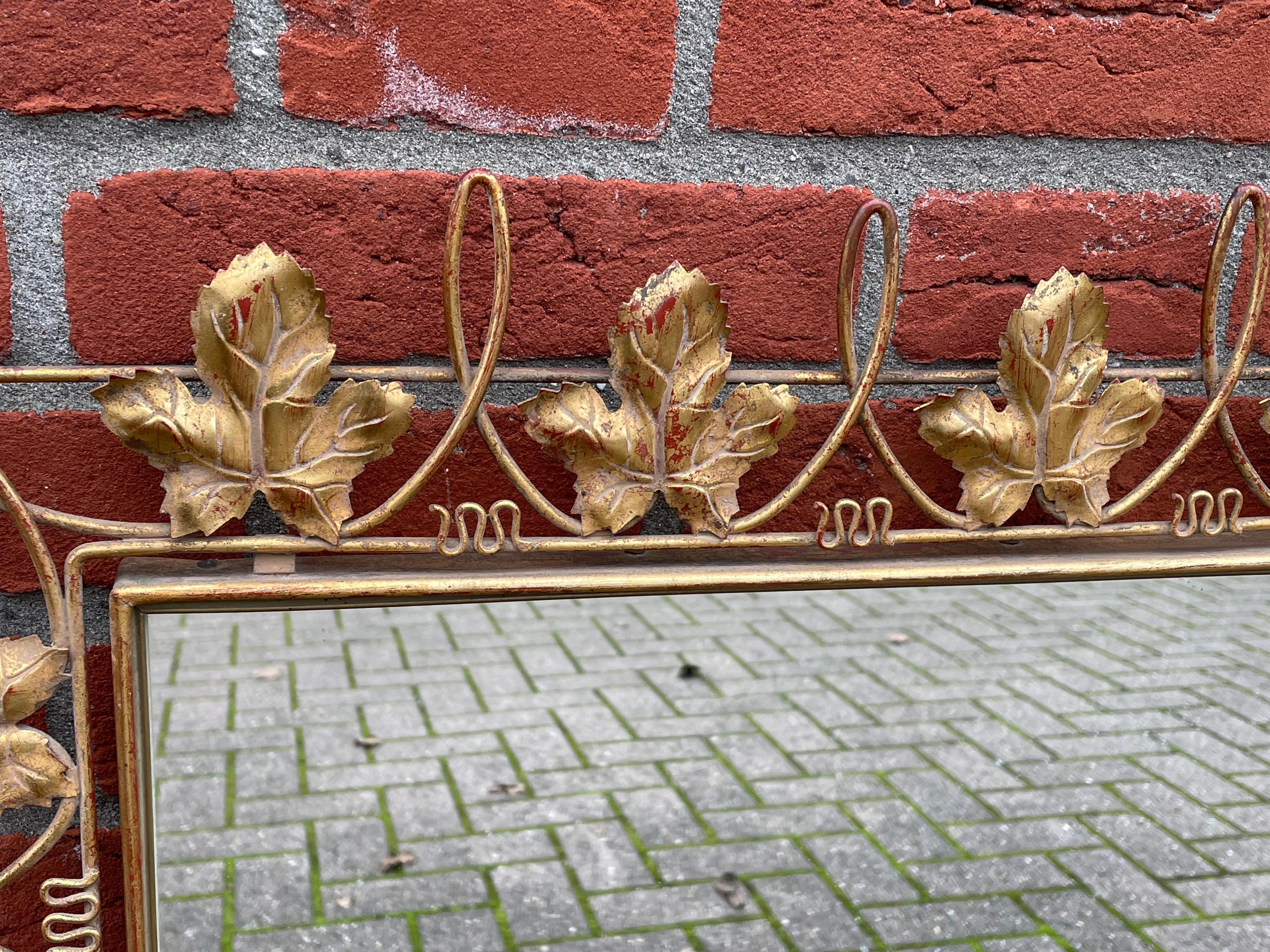 European Unique Arts & Crafts Style Wall Mirror w. Gold Painted Grape Leafs / Wine Theme For Sale