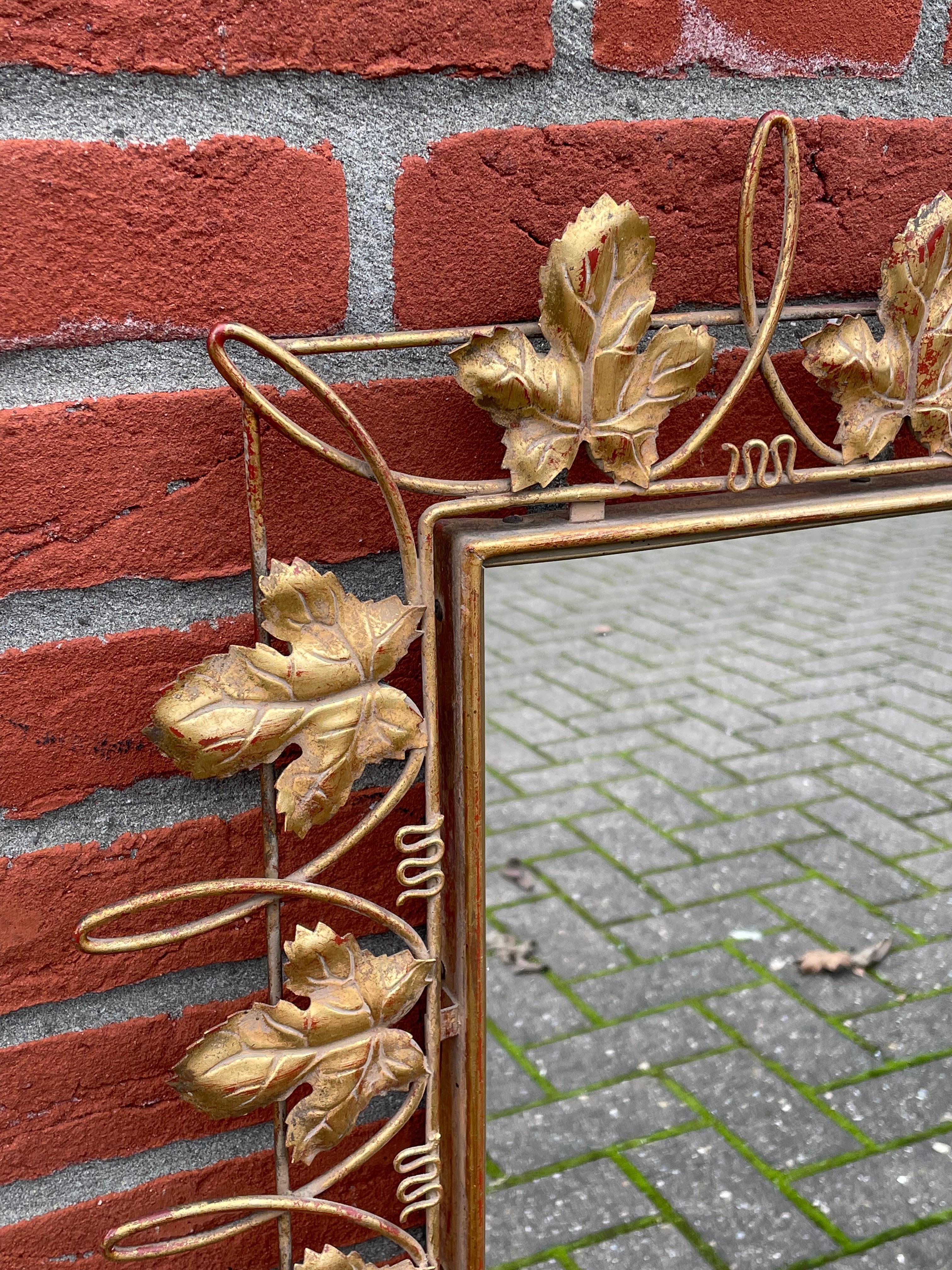 Forged Unique Arts & Crafts Style Wall Mirror w. Gold Painted Grape Leafs / Wine Theme For Sale