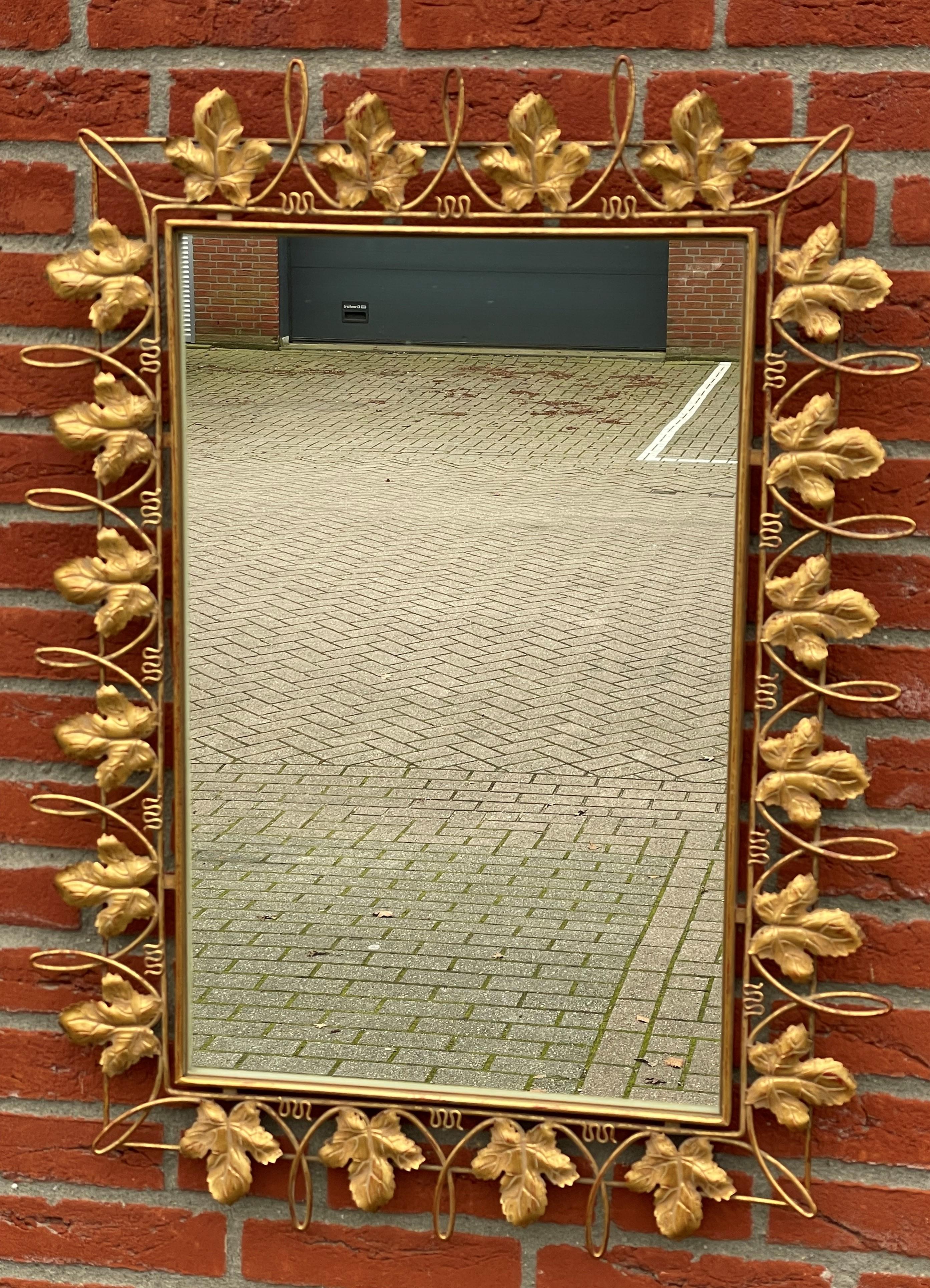 Unique Arts & Crafts Style Wall Mirror w. Gold Painted Grape Leafs / Wine Theme In Excellent Condition For Sale In Lisse, NL