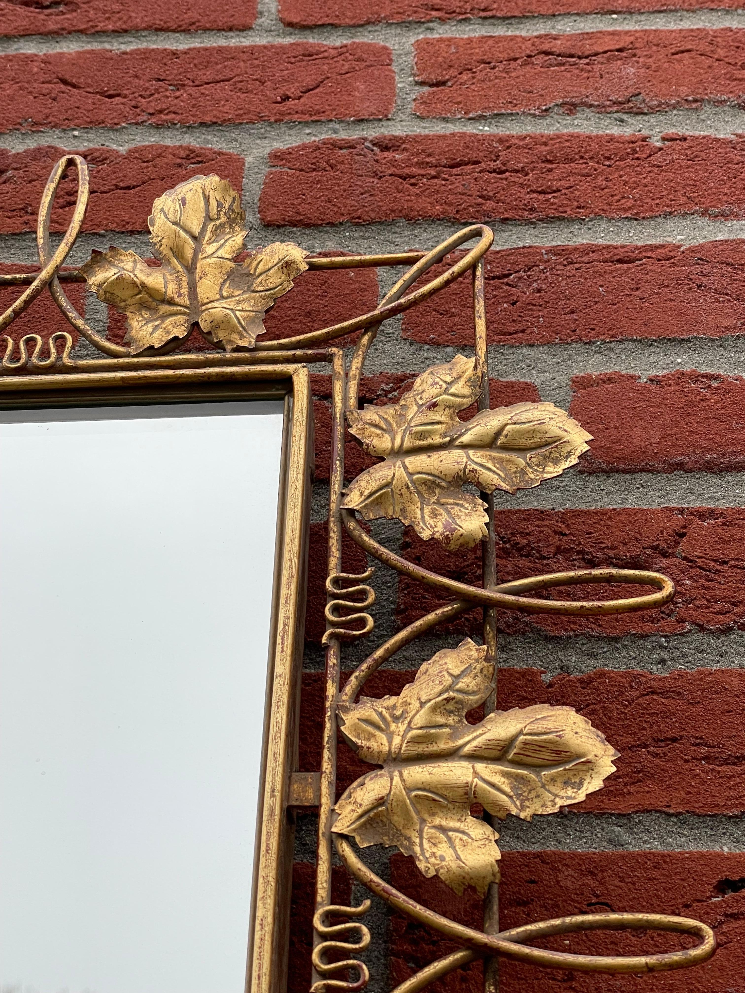 20th Century Unique Arts & Crafts Style Wall Mirror w. Gold Painted Grape Leafs / Wine Theme For Sale
