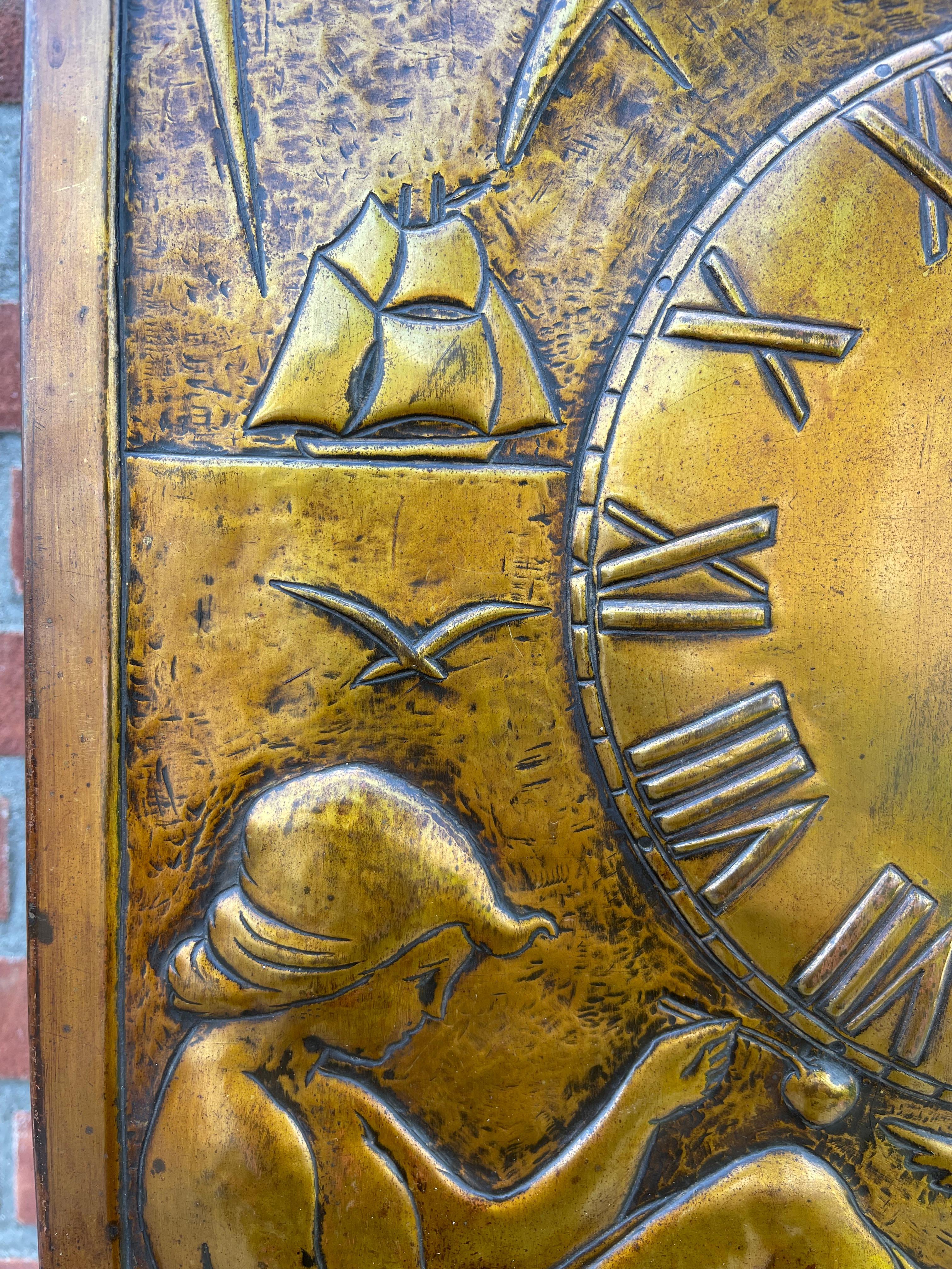 Brass Unique Arts & Crafts Wall Clock with Stunning Front Plaque Depicting Father Time
