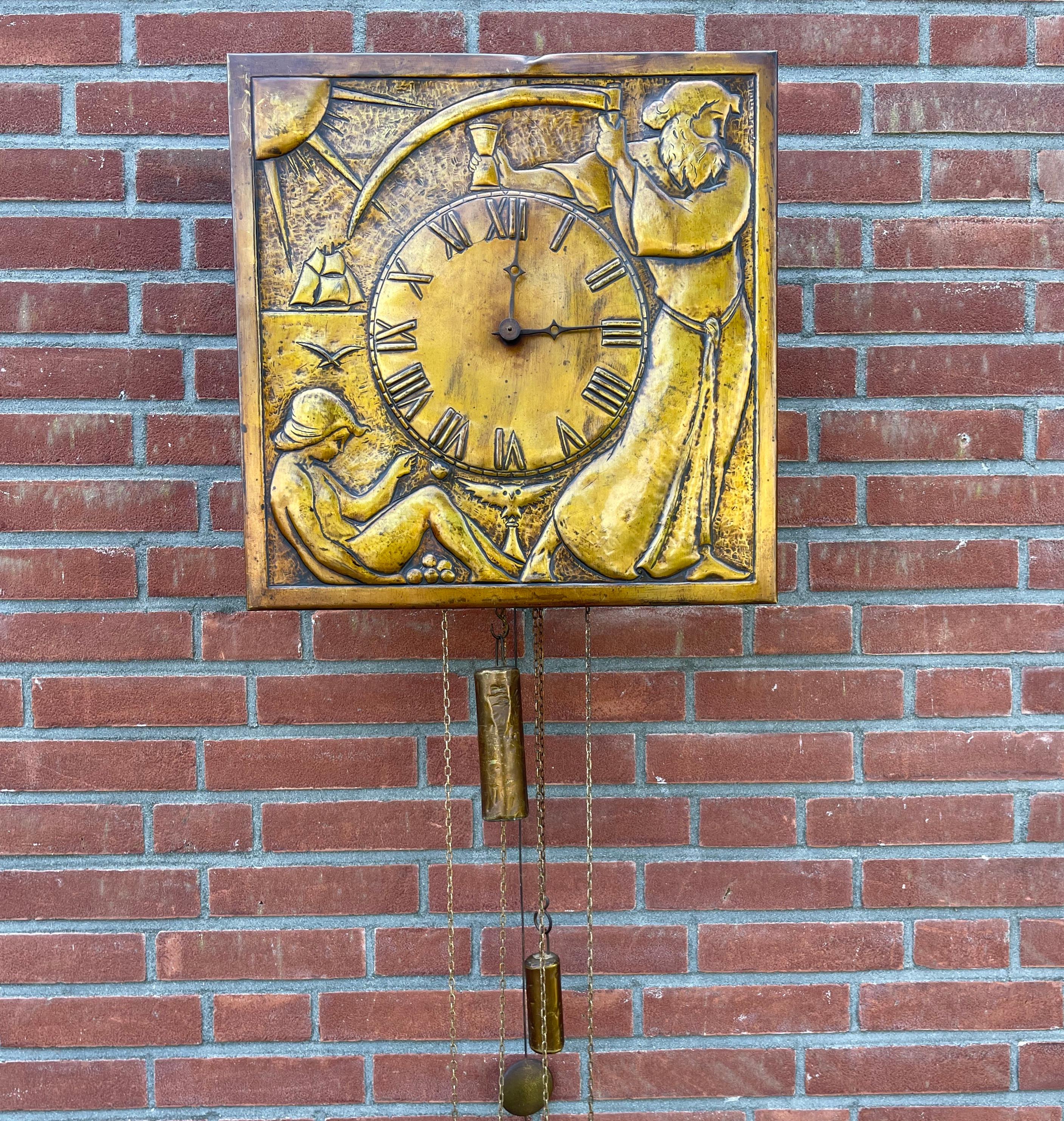 20th Century Unique Arts & Crafts Wall Clock with Stunning Front Plaque Depicting Father Time