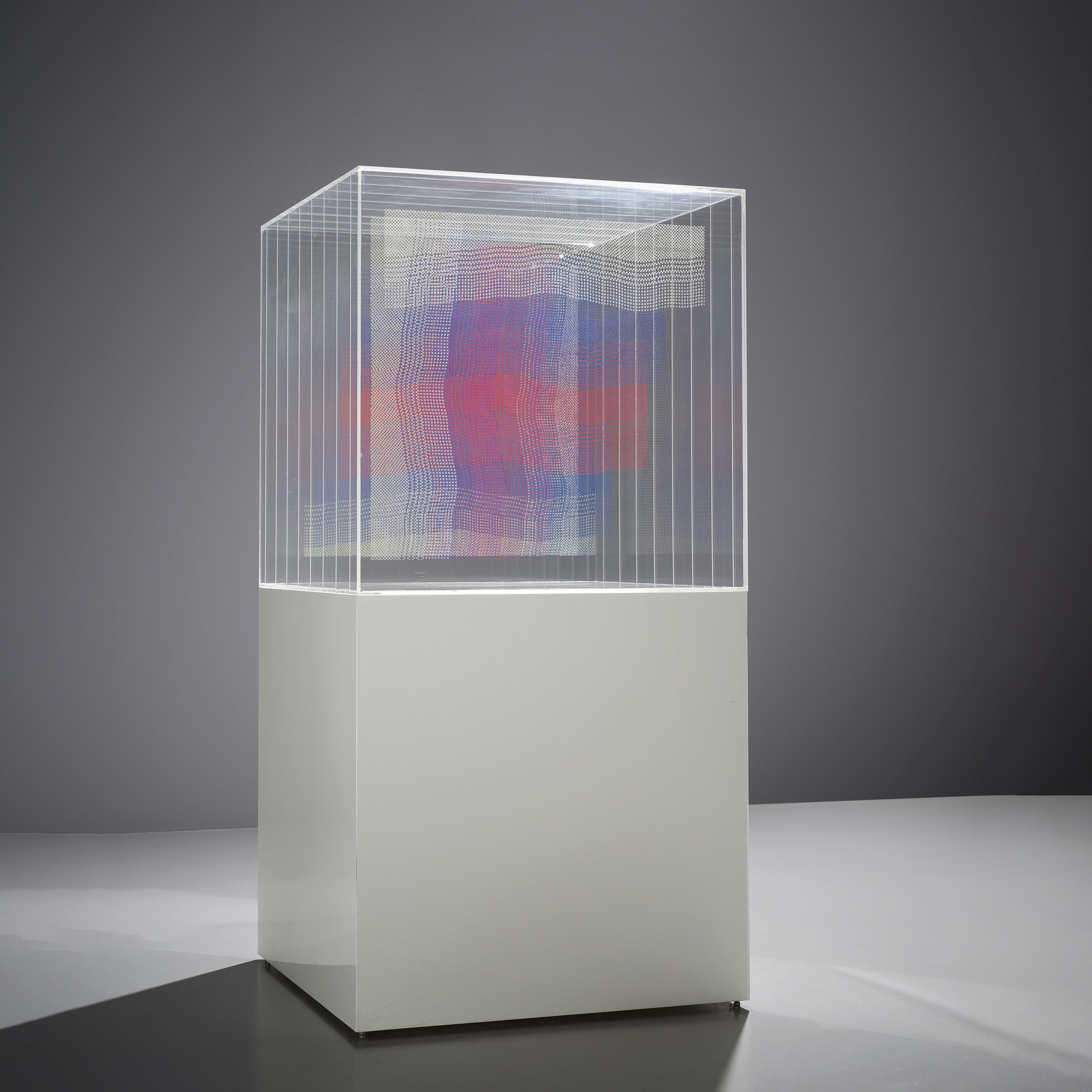 Maria Westra, sculpture, wood, perspex, The Netherlands, 1985.

This breathtaking cubistic abstract sculpture is derived from Westra's interest in monumental fabrics and weaving. Her main curiosity lies in the design of textiles. In this case, her