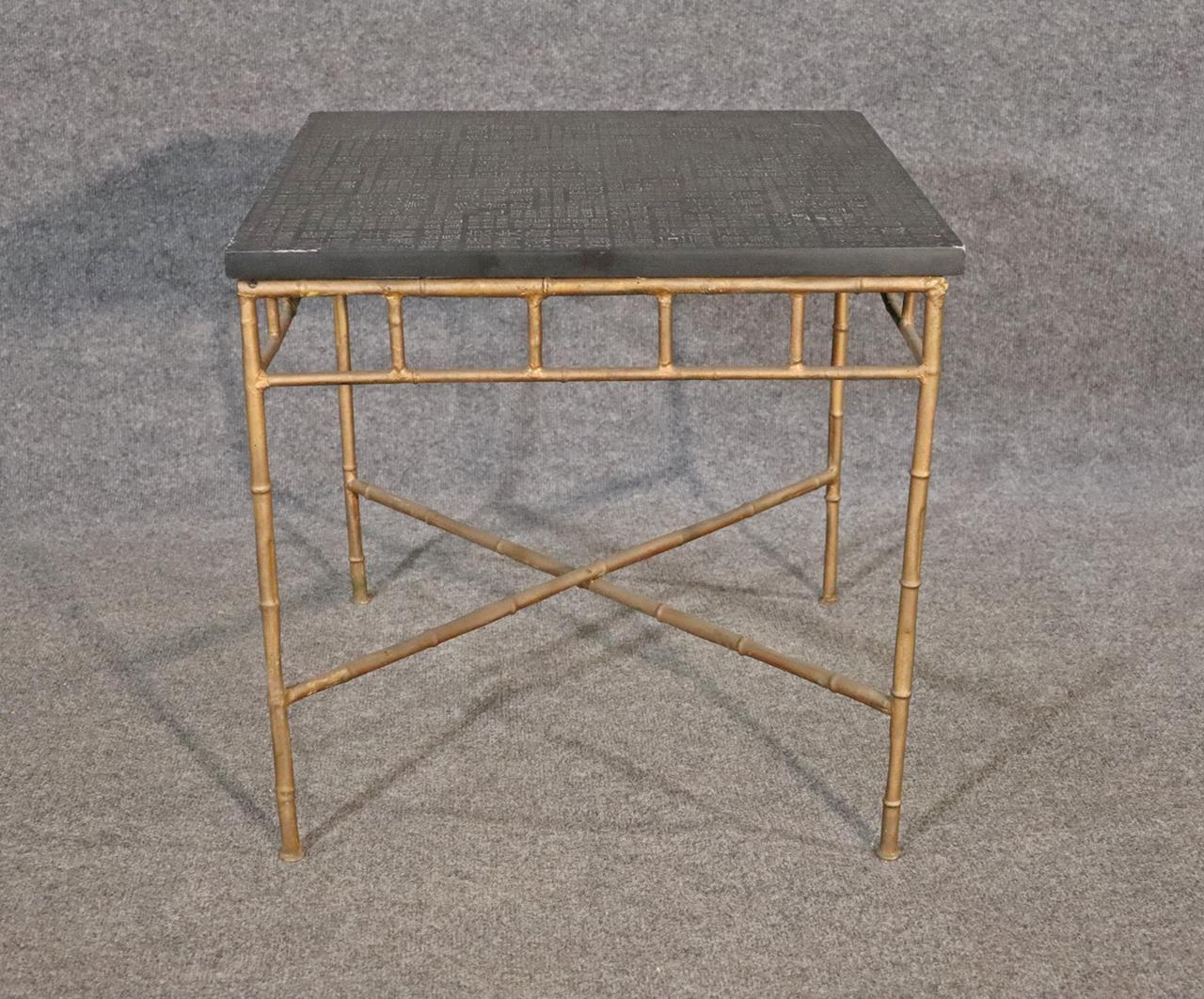 Late 20th Century Unique Asian Character Tablet Top Faux Bamboo End Table For Sale