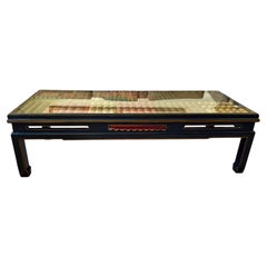 Unique Asian Style Coffee Table with Glass Encased Antique Leather Book Spines