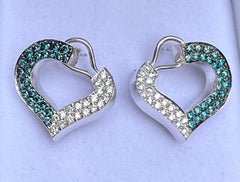 Unique Asymmetrical Fancy Blue and White Diamond 18K Gold Heart Earrings