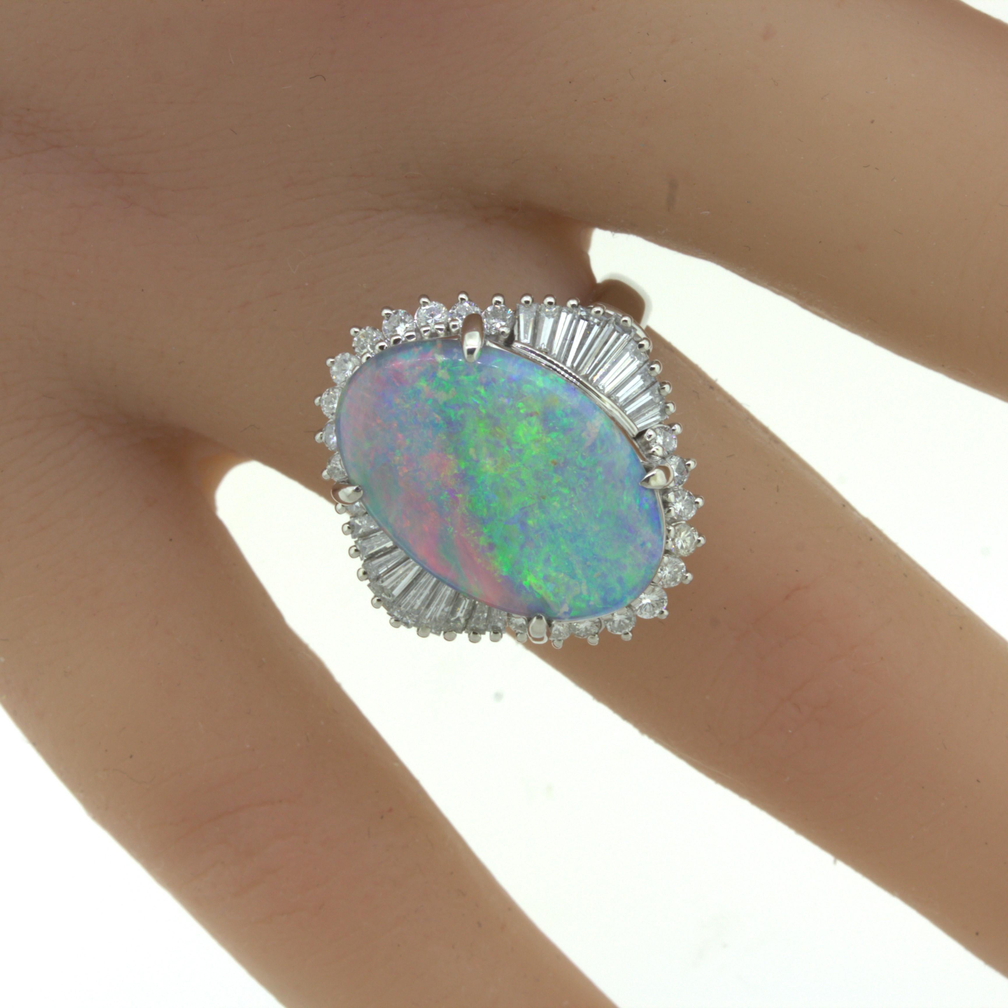 Unique Australian Opal “Double-Color” Diamond Platinum Cocktail Ring For Sale 5