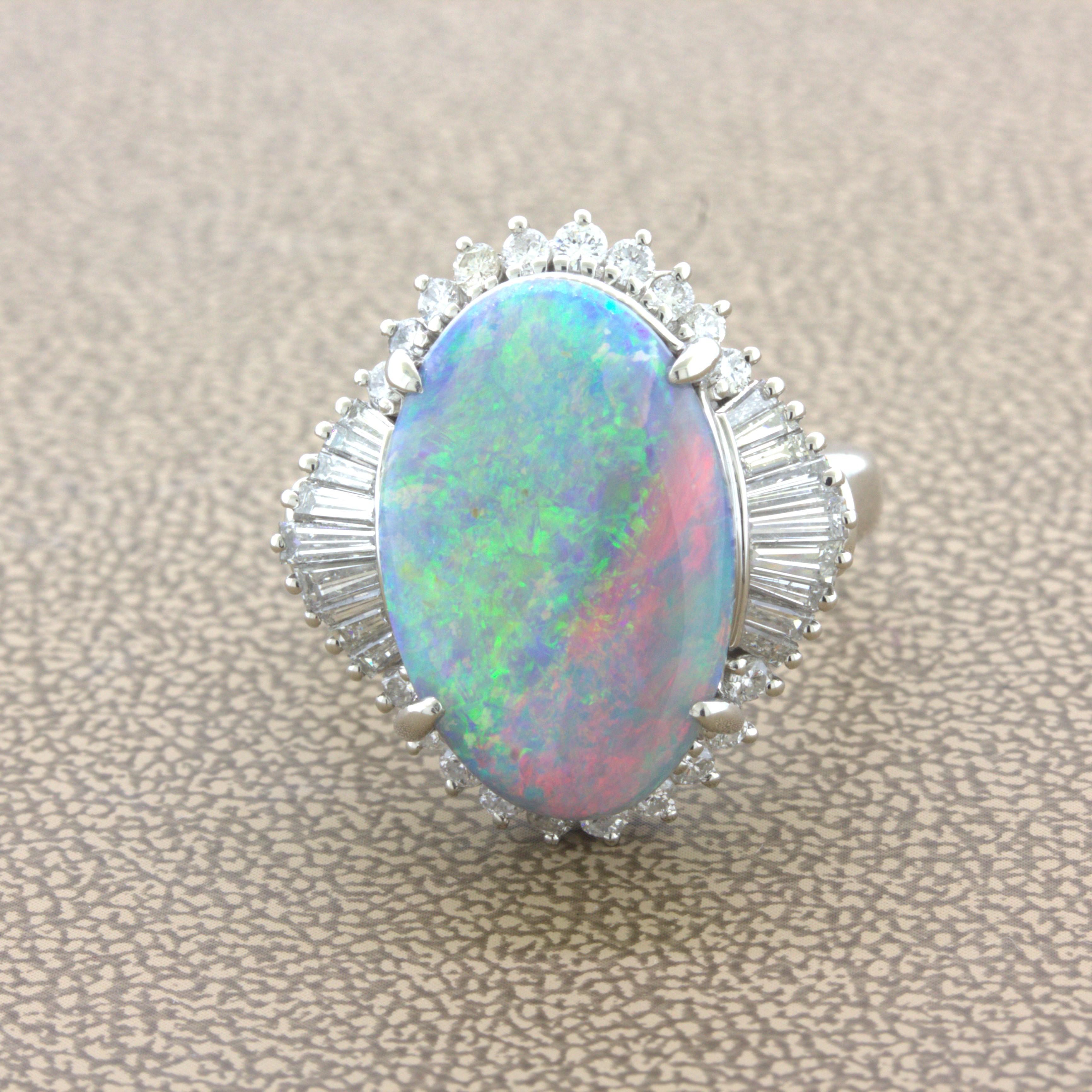 Unique Australian Opal “Double-Color” Diamond Platinum Cocktail Ring

A very unique Australian opal featuring what appears to be two different color patterns. The 4.64 carat opal has a portion of the stone being a classic blue-green color pattern,