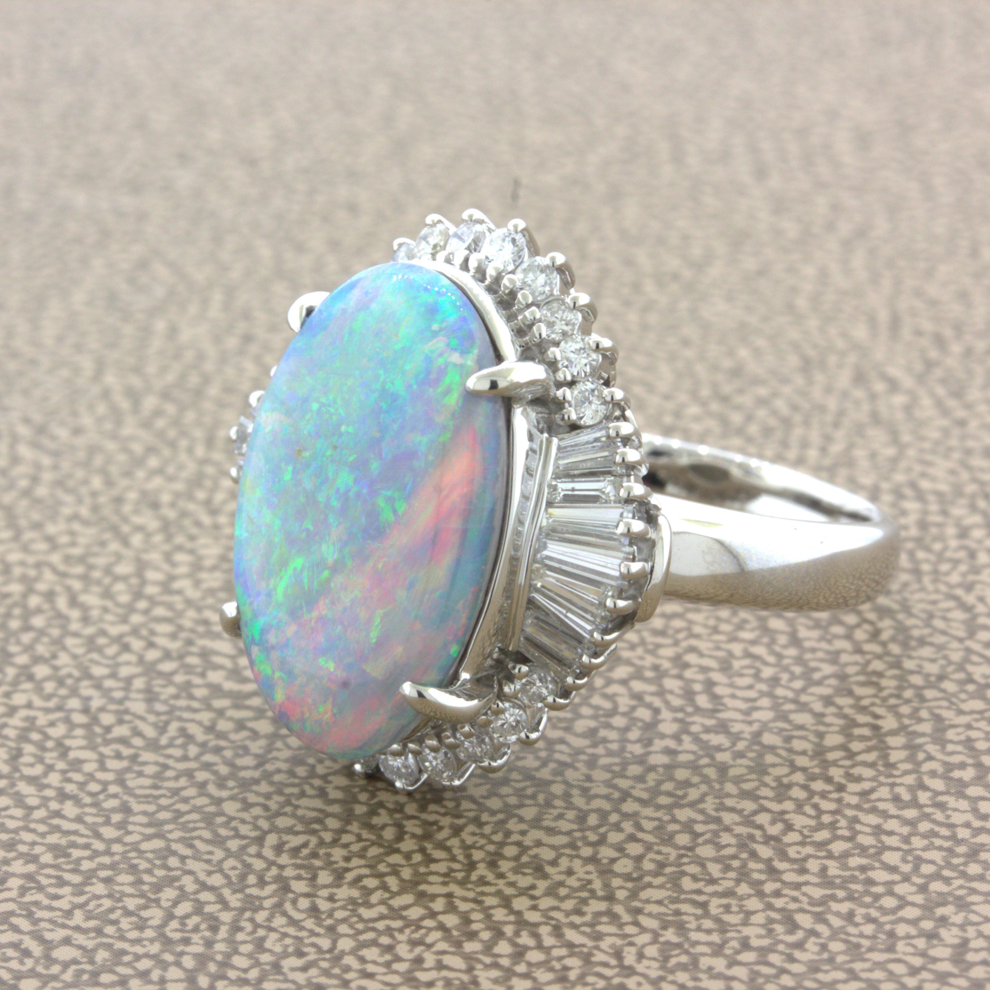 Oval Cut Unique Australian Opal “Double-Color” Diamond Platinum Cocktail Ring For Sale