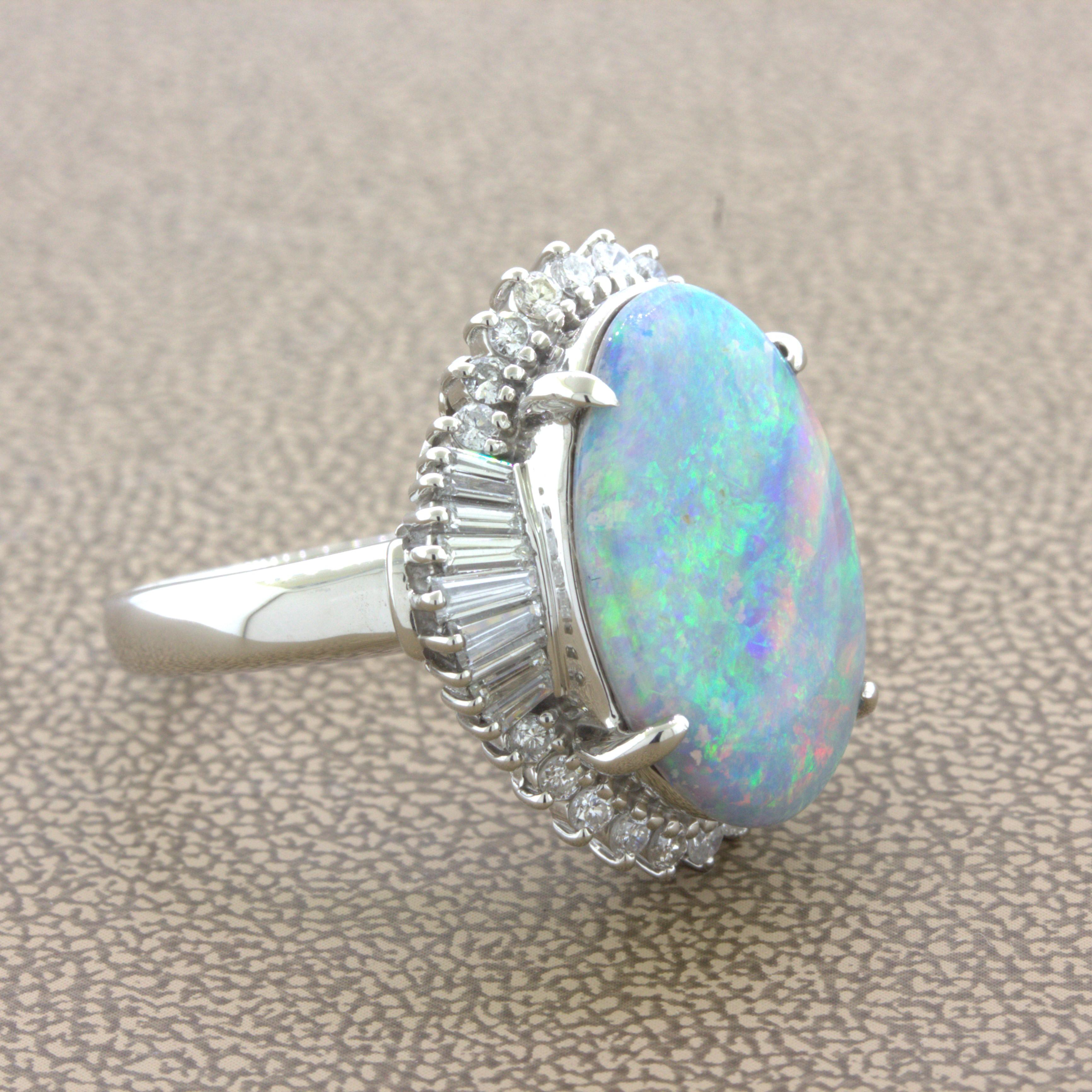 Unique Australian Opal “Double-Color” Diamond Platinum Cocktail Ring In New Condition For Sale In Beverly Hills, CA