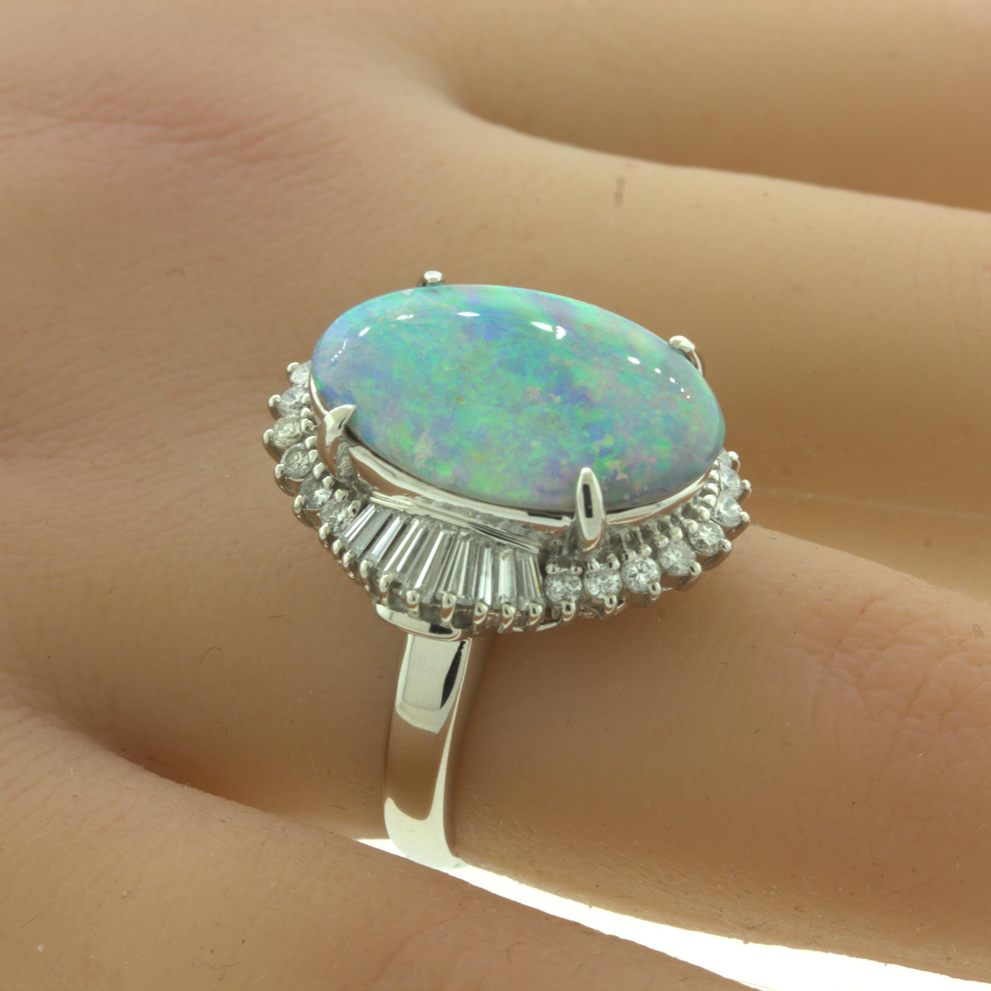 Women's or Men's Unique Australian Opal “Double-Color” Diamond Platinum Cocktail Ring For Sale