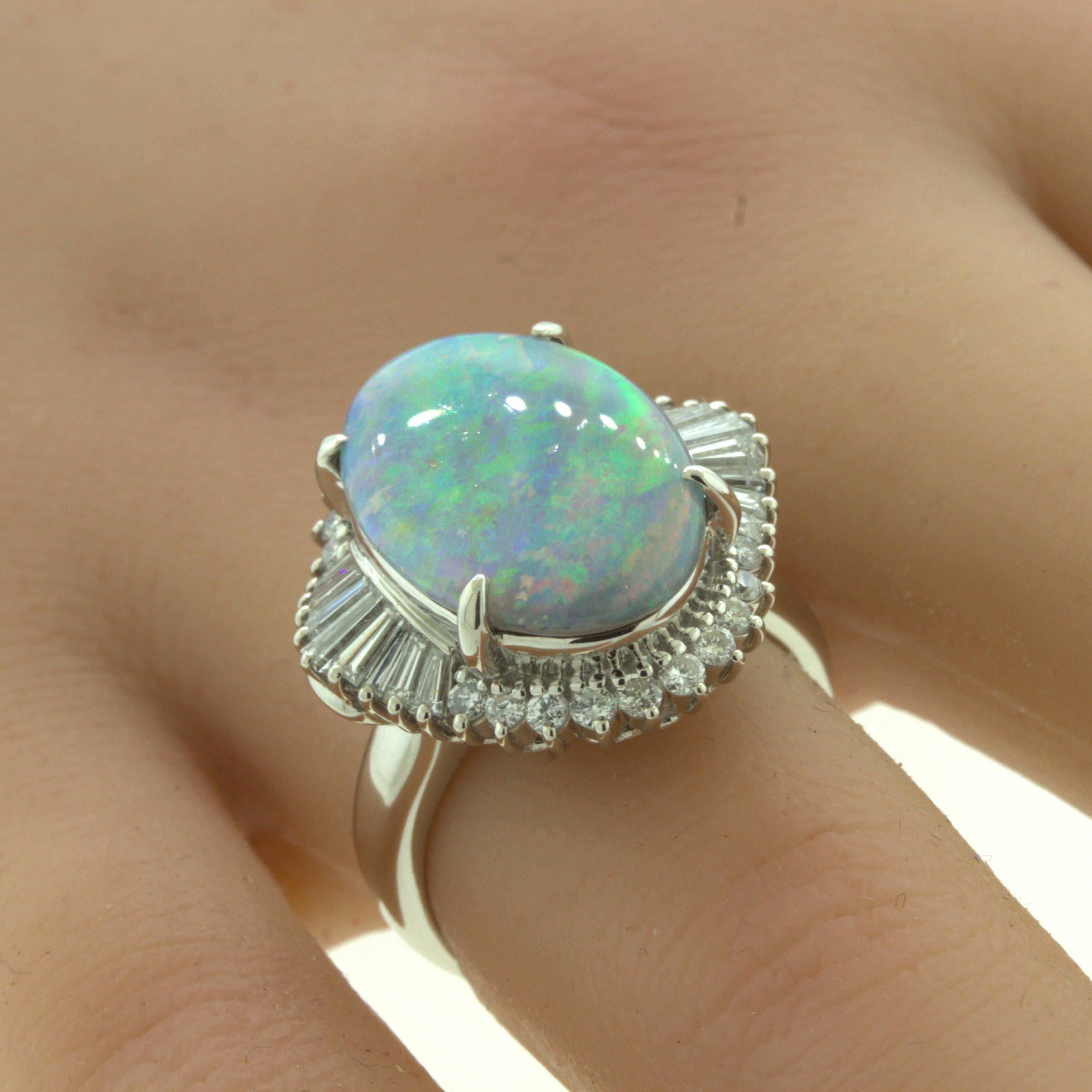 Unique Australian Opal “Double-Color” Diamond Platinum Cocktail Ring For Sale 1