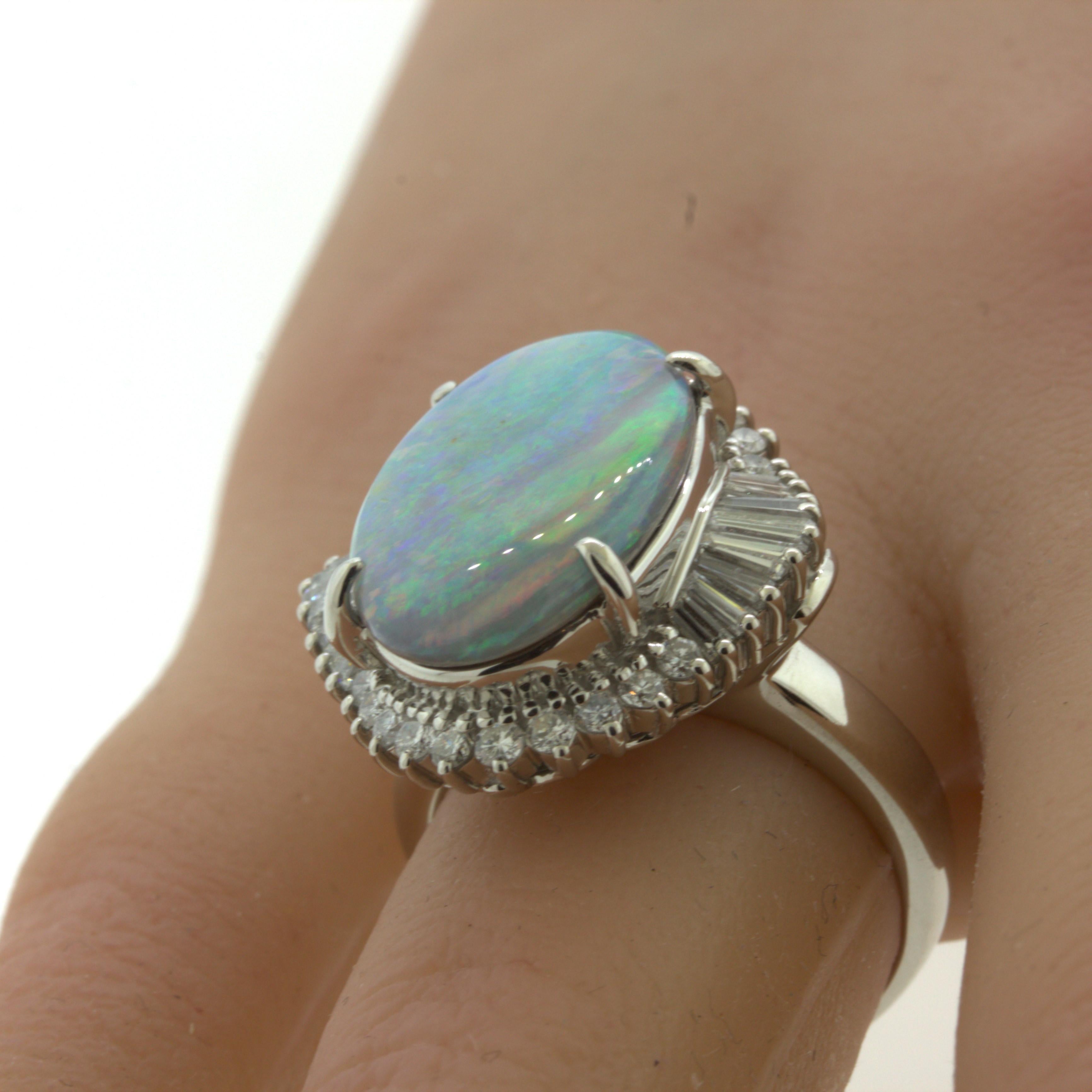 Unique Australian Opal “Double-Color” Diamond Platinum Cocktail Ring For Sale 2