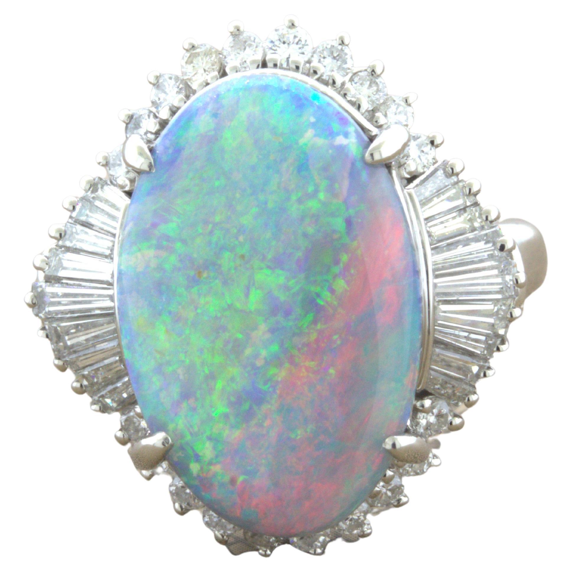 Unique Australian Opal “Double-Color” Diamond Platinum Cocktail Ring For Sale