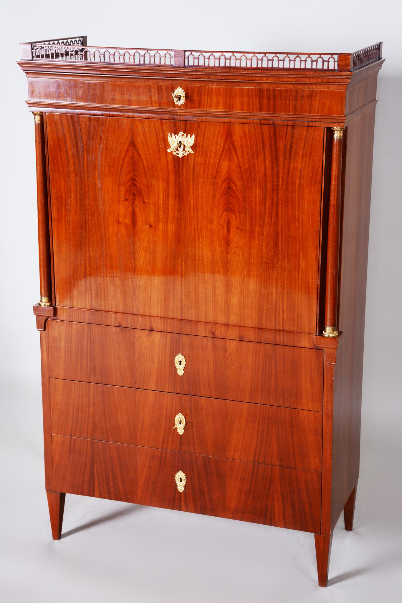 Empire secretary or writing desk, (Cylinder)
Material: Mahogany. 
Completely restored, Shellac polish.
Period: 1820-1829
Source: Austria, Wien.

We guarantee safe a the cheapest air transport from Europe to the whole world within 7 days.
The price