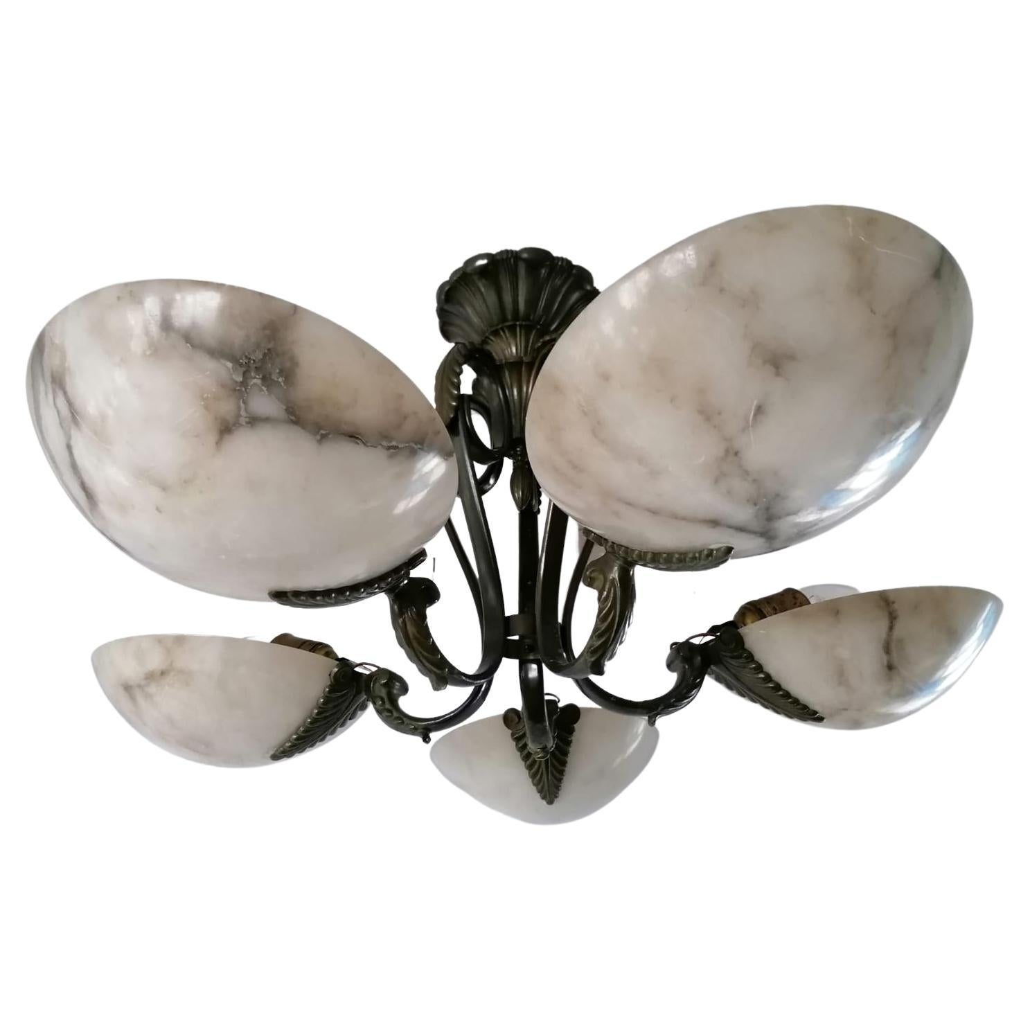 Unique Austrian Large Brass and Alabaster Chandelier