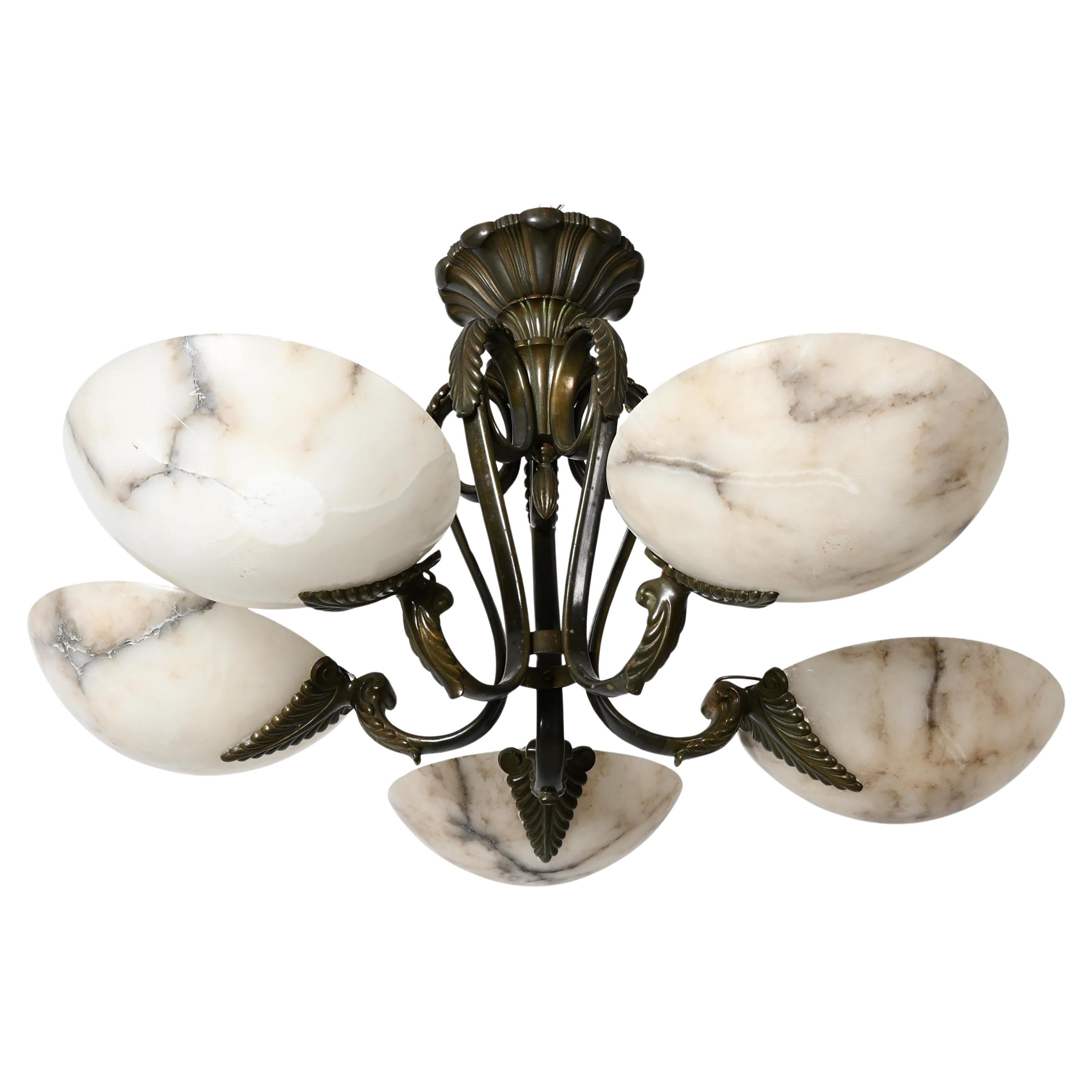 Unique Austrian Large Brass and Alabaster Chandelier For Sale