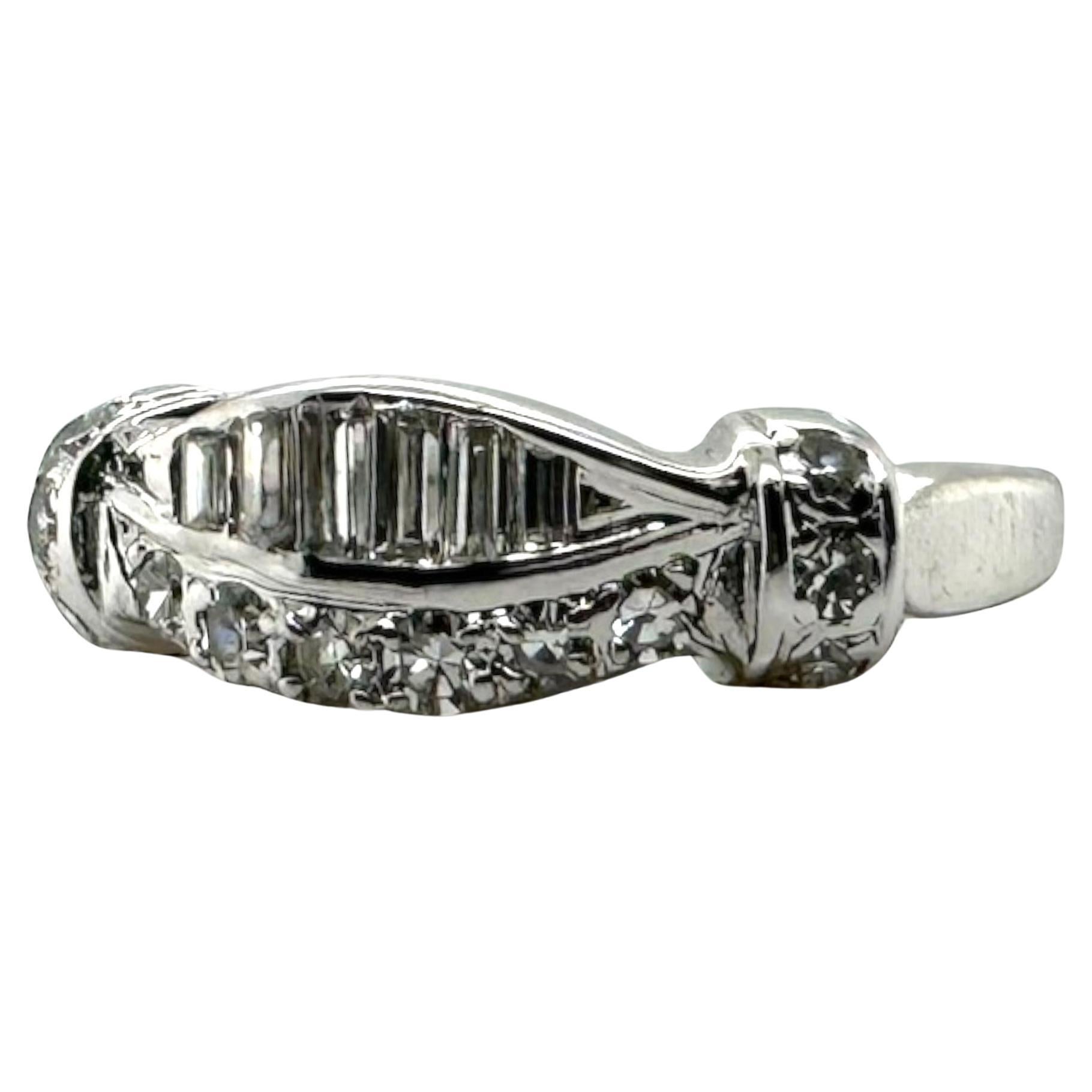 Unique Baguette & Round Diamond Band 14K White Gold