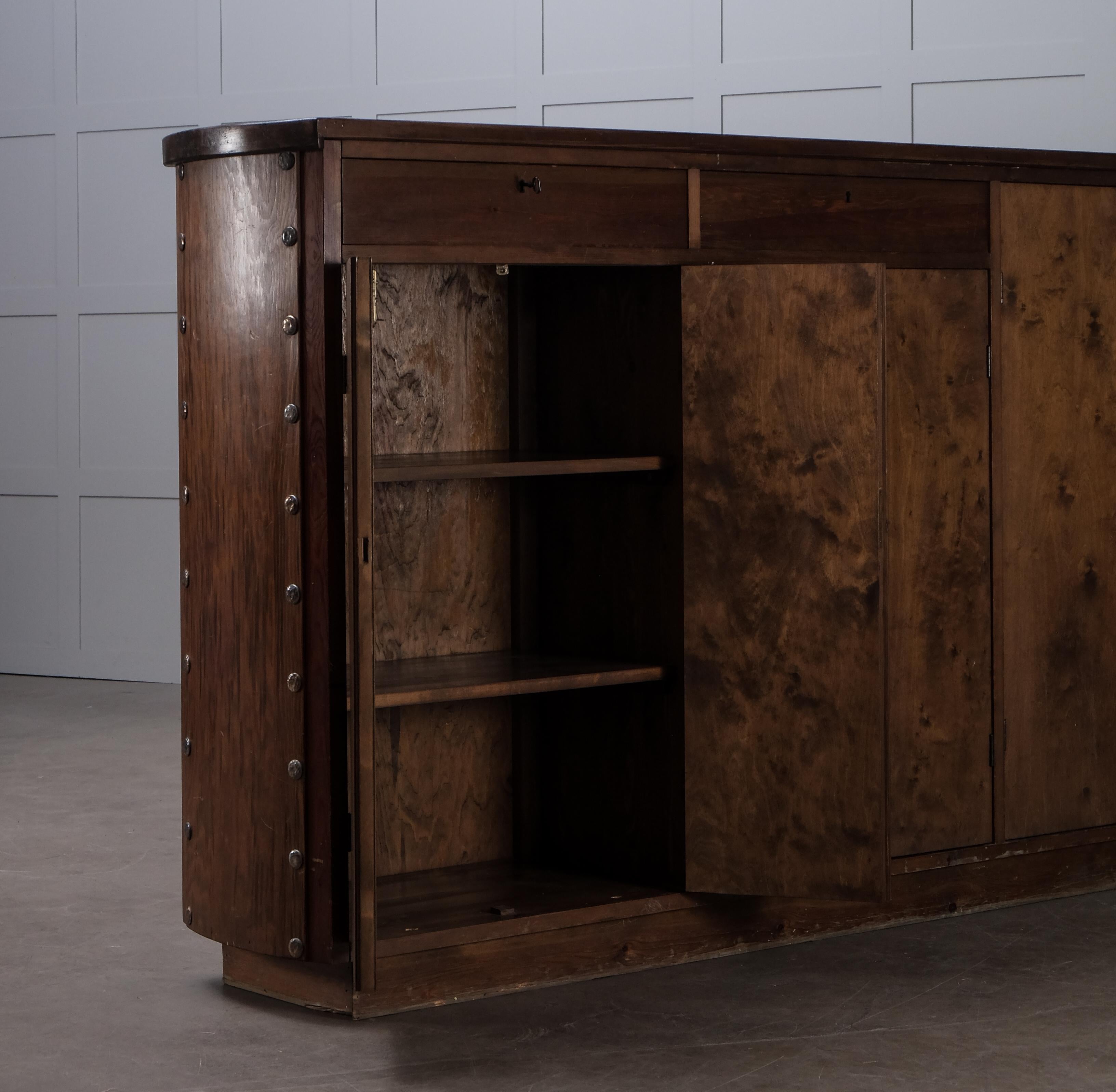 Site-built bar counter from 1933, Sweden. Comes from a very fine 1930s functionalist villa in southwest Sweden. The bar counter is of the same manner as Axel-Einar Hjorth's sports cabin furniture in pine with hand-forged wrought iron details.