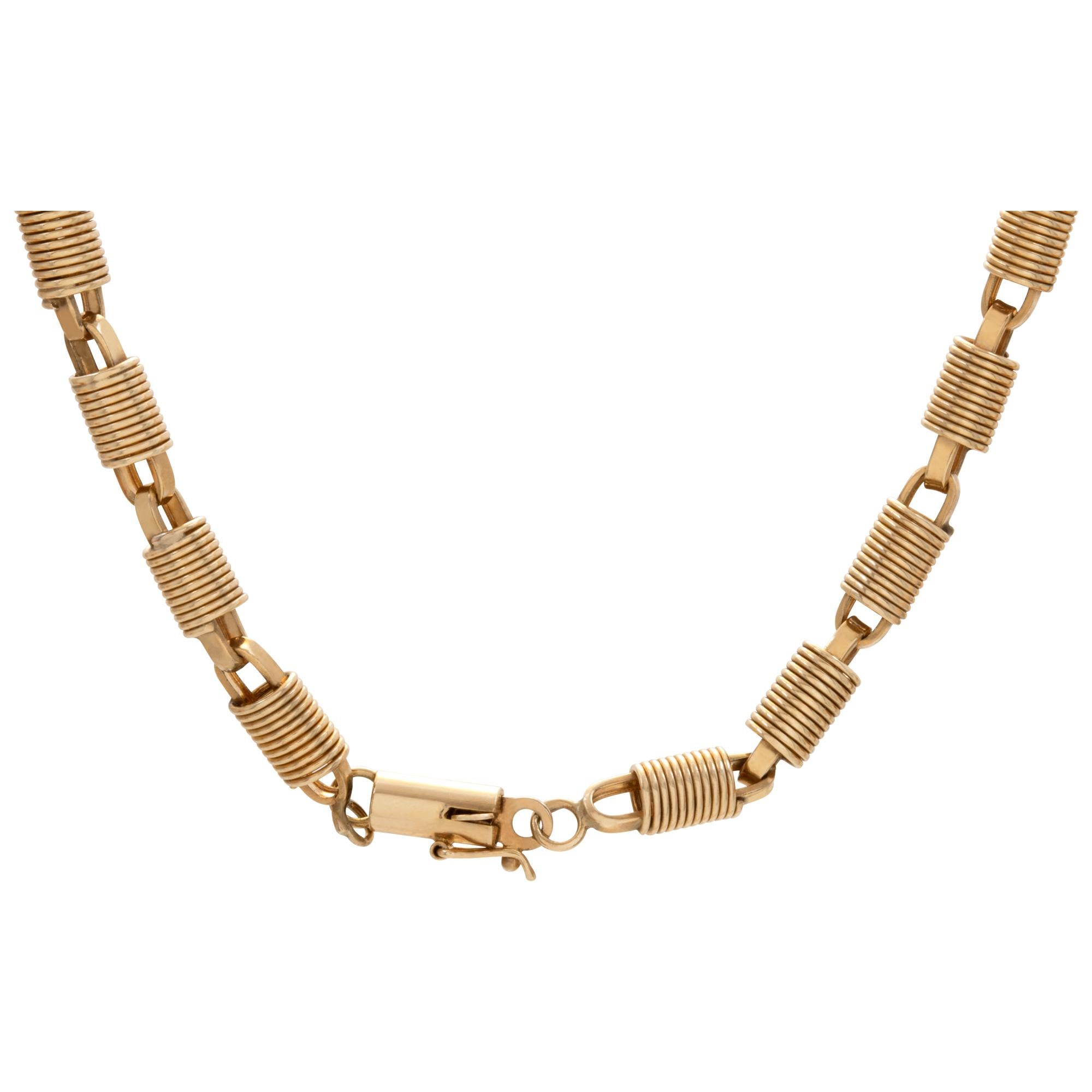 Women's or Men's Unique Barrel coil necklace in 14k yellow gold. Length 18