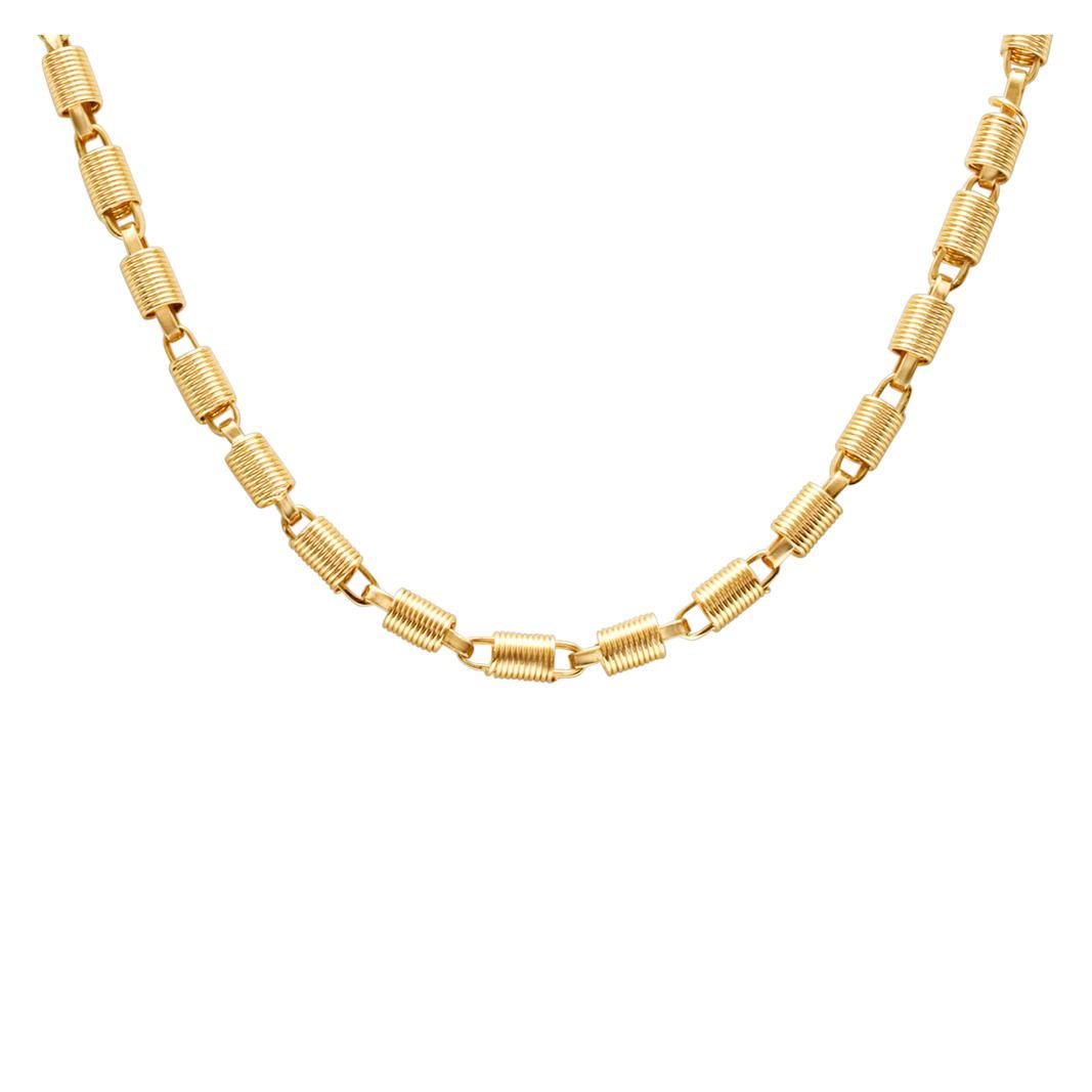 Unique Barrel coil necklace in 14k yellow gold. Length 18" For Sale