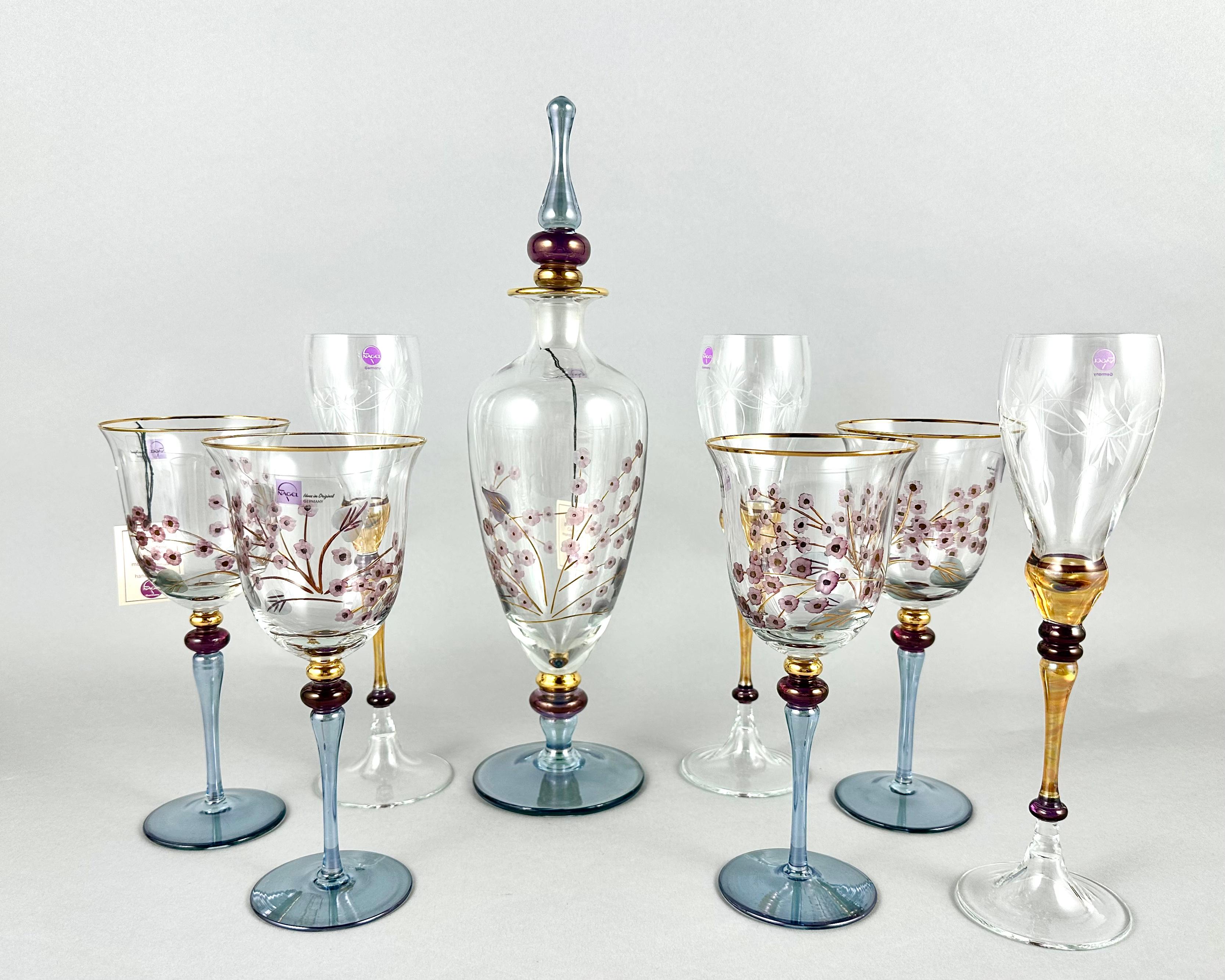 German Unique Barware Set Of Vintage Wine Champagne Glasses Vases and Decanter by Nagel For Sale
