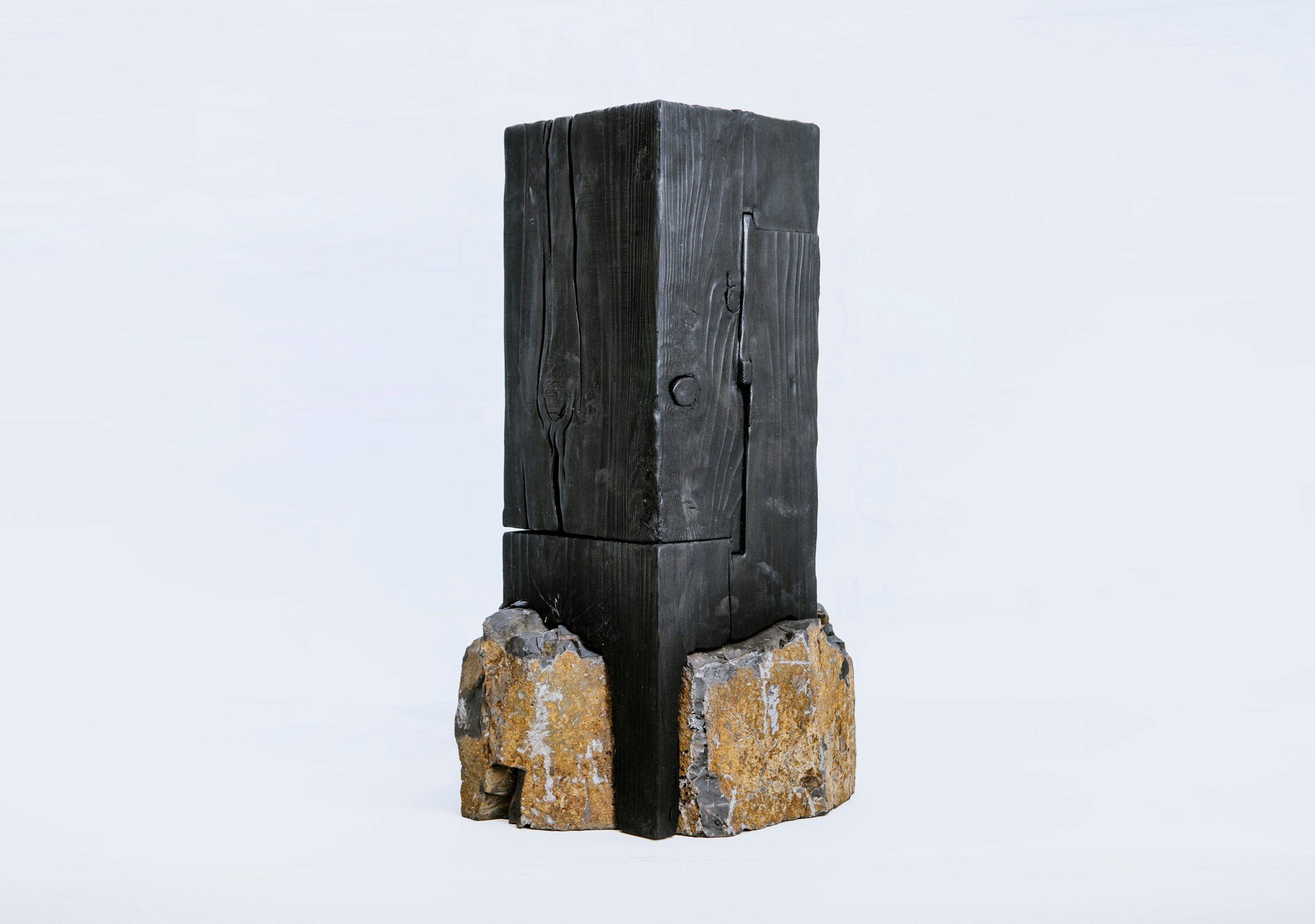 Minimalist Unique Basalt and Blackened Redwood Pedestal Table by Base 10
