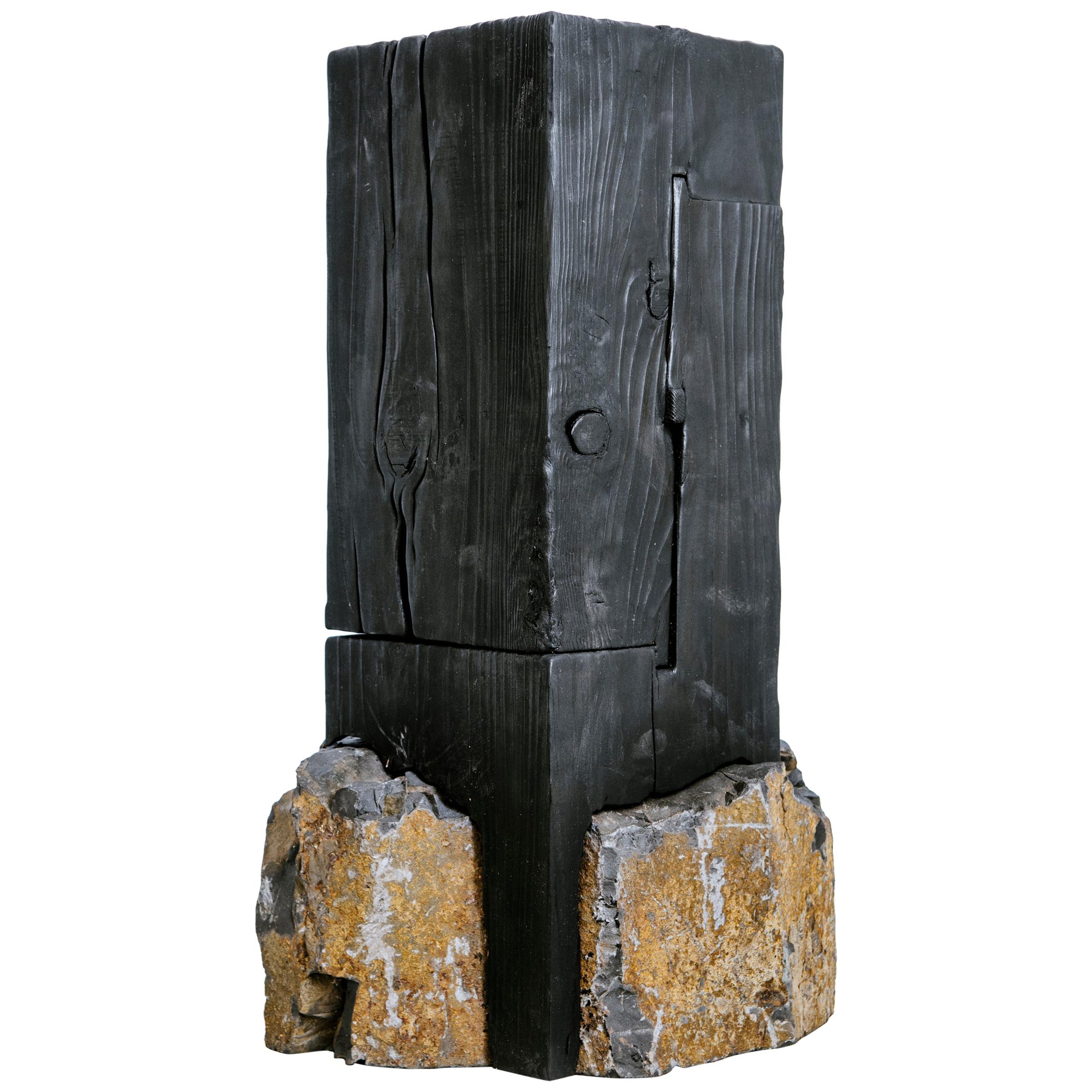 Unique Basalt and Blackened Redwood Pedestal Table by Base 10