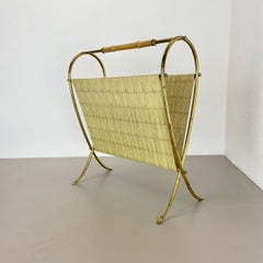 unique bauhaus Aubock Style brass and bamboo Magazine Holder, Austria 1950s