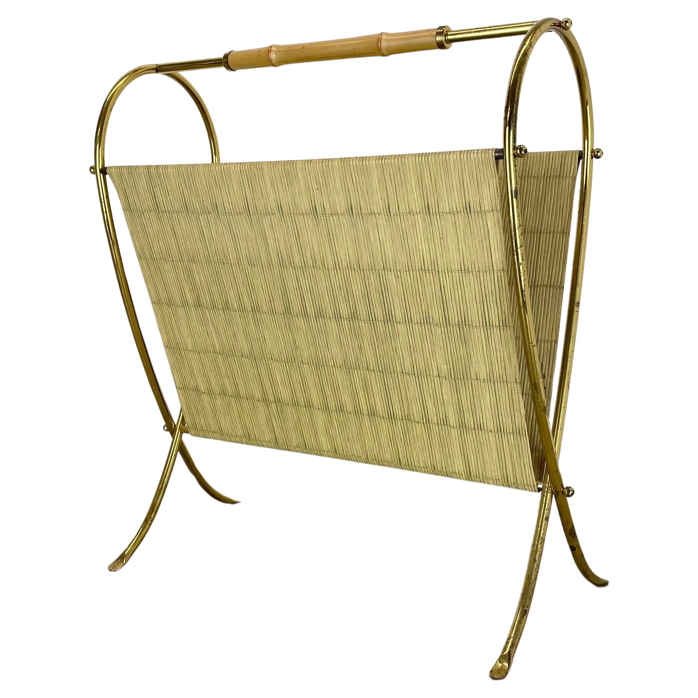 unique bauhaus Aubock Style brass and bamboo Magazine Holder, Austria 1950s For Sale
