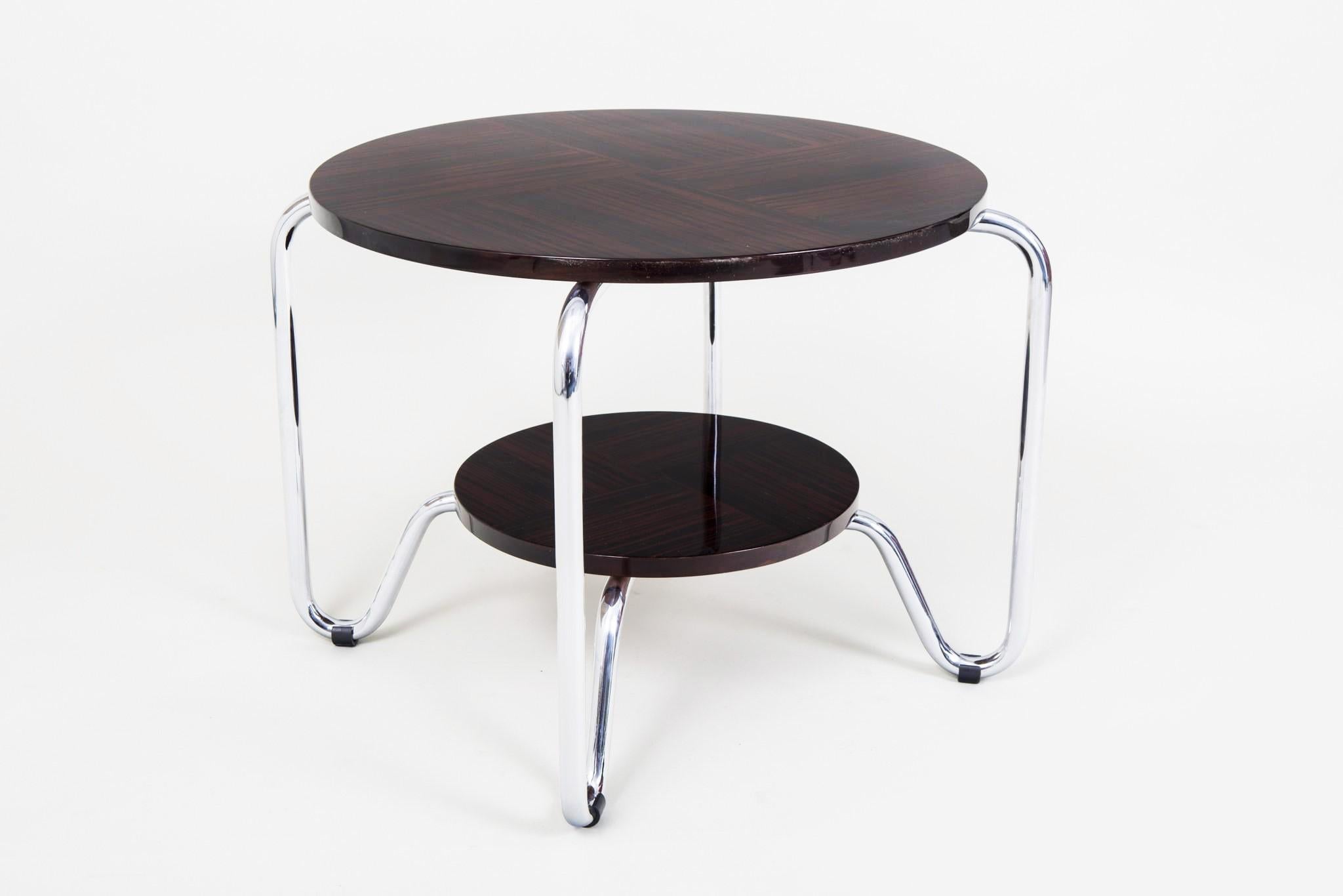 Unique Bauhaus Small Tall Side Table, Chrome and Makasar, Kovona, 1950s In Good Condition For Sale In Horomerice, CZ