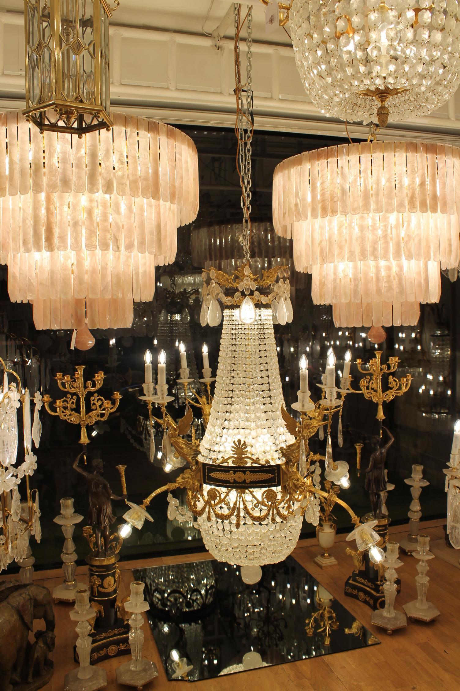 Unique Beautiful Pair of Rose Quartz Rock Crystal Chandeliers For Sale 2