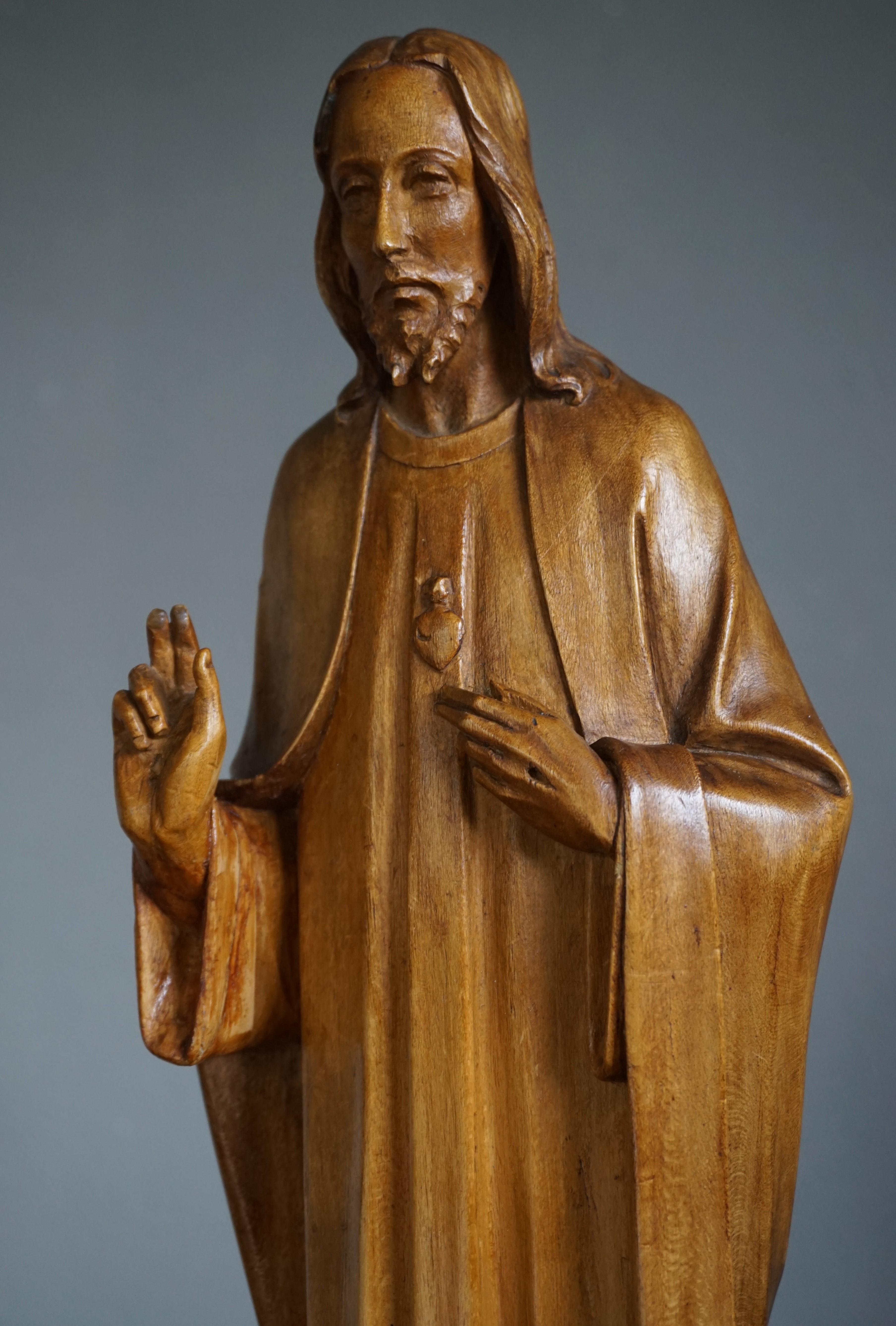 20th Century Unique and Beautifully Hand Carved Early 1900s Sacred Heart of Christ Sculpture