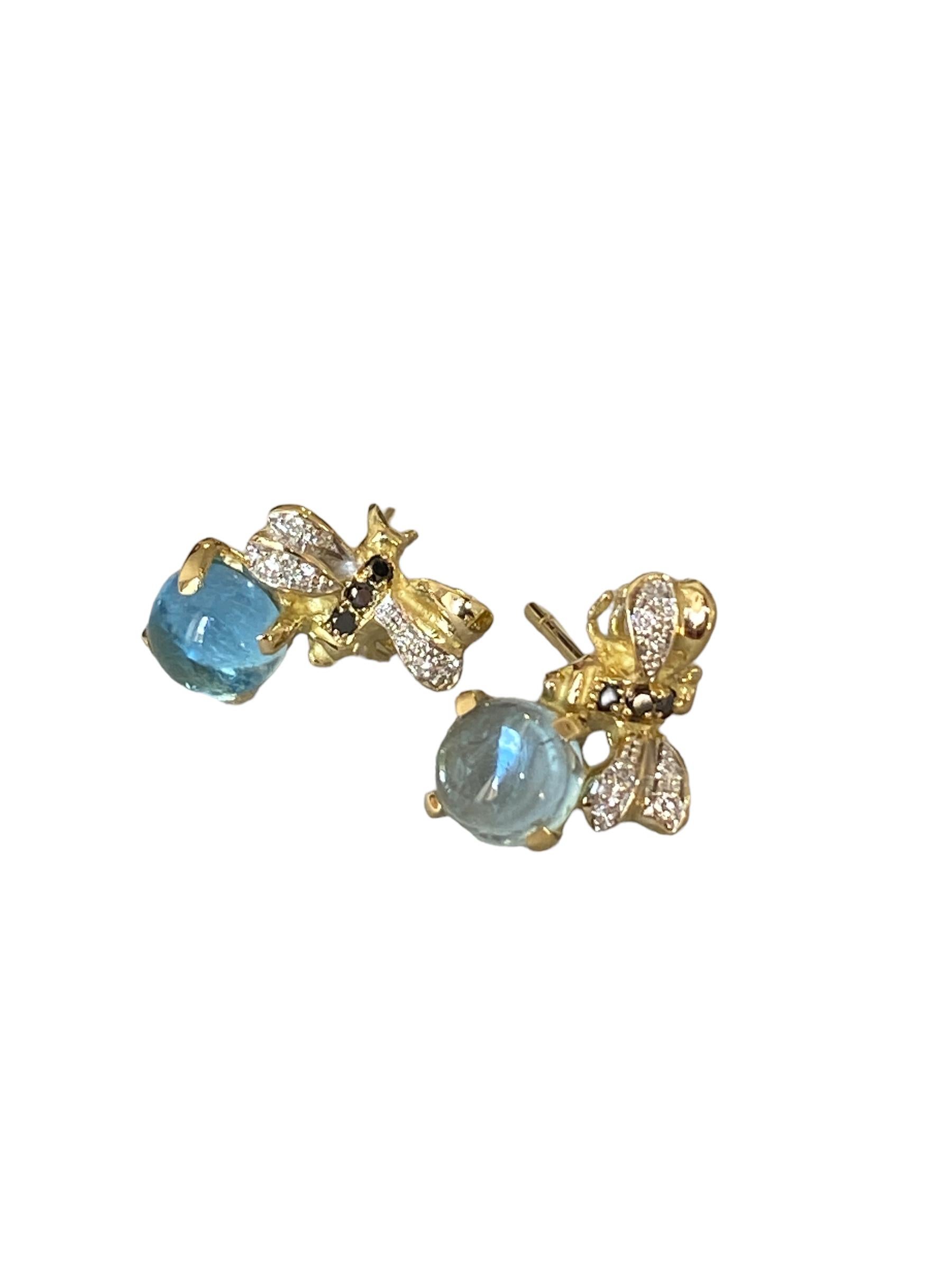 Brilliant Cut Unique Bee-Shaped Earrings 18k Gold 2.20c Aquamarine Diamond by Rossella Ugolini For Sale