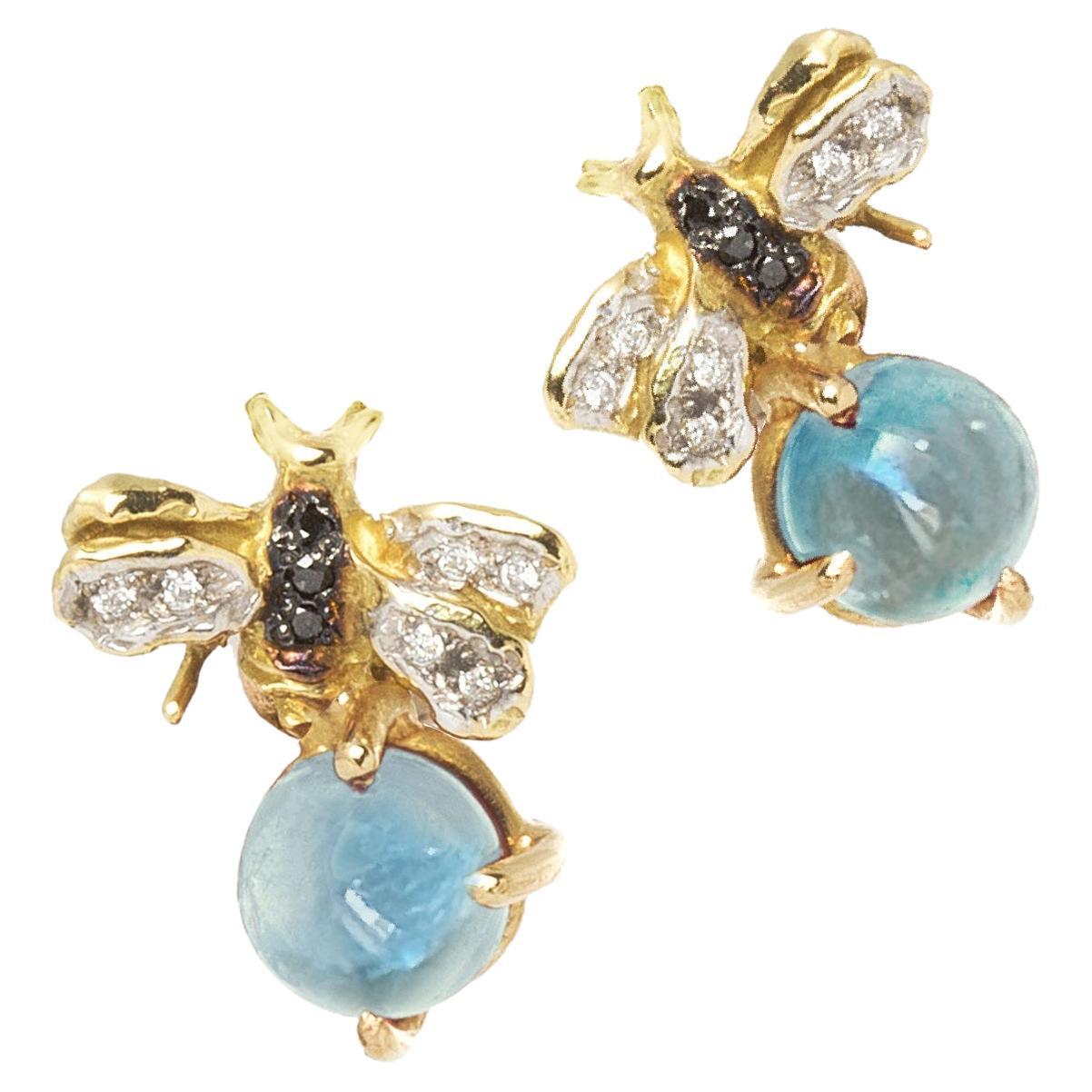 Unique Bee-Shaped Earrings 18k Gold 2.20c Aquamarine Diamond by Rossella Ugolini For Sale