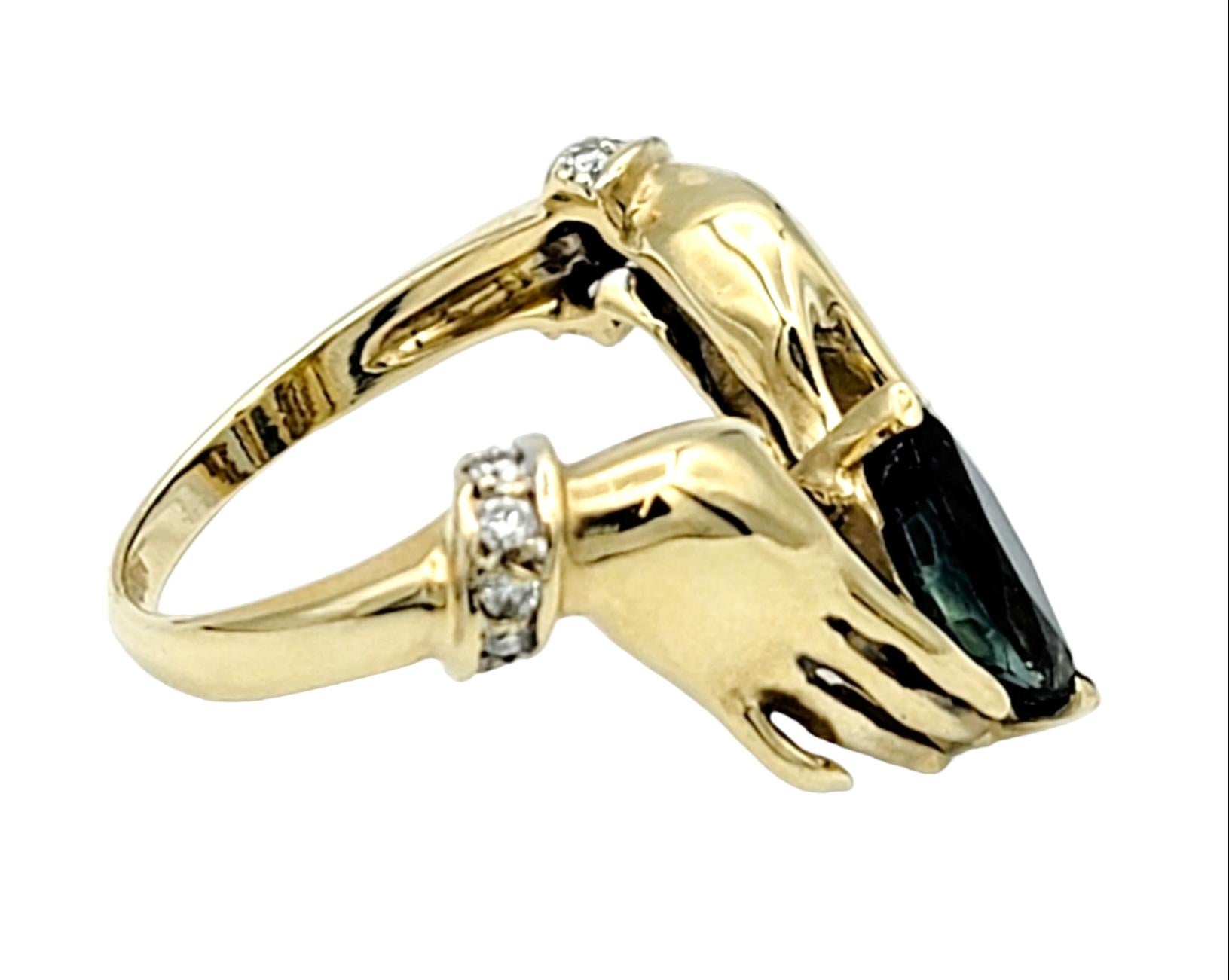 Marquise Cut Unique Bejeweled Graceful Hands Holding Marquis Sapphire 14K Yellow Gold Ring For Sale
