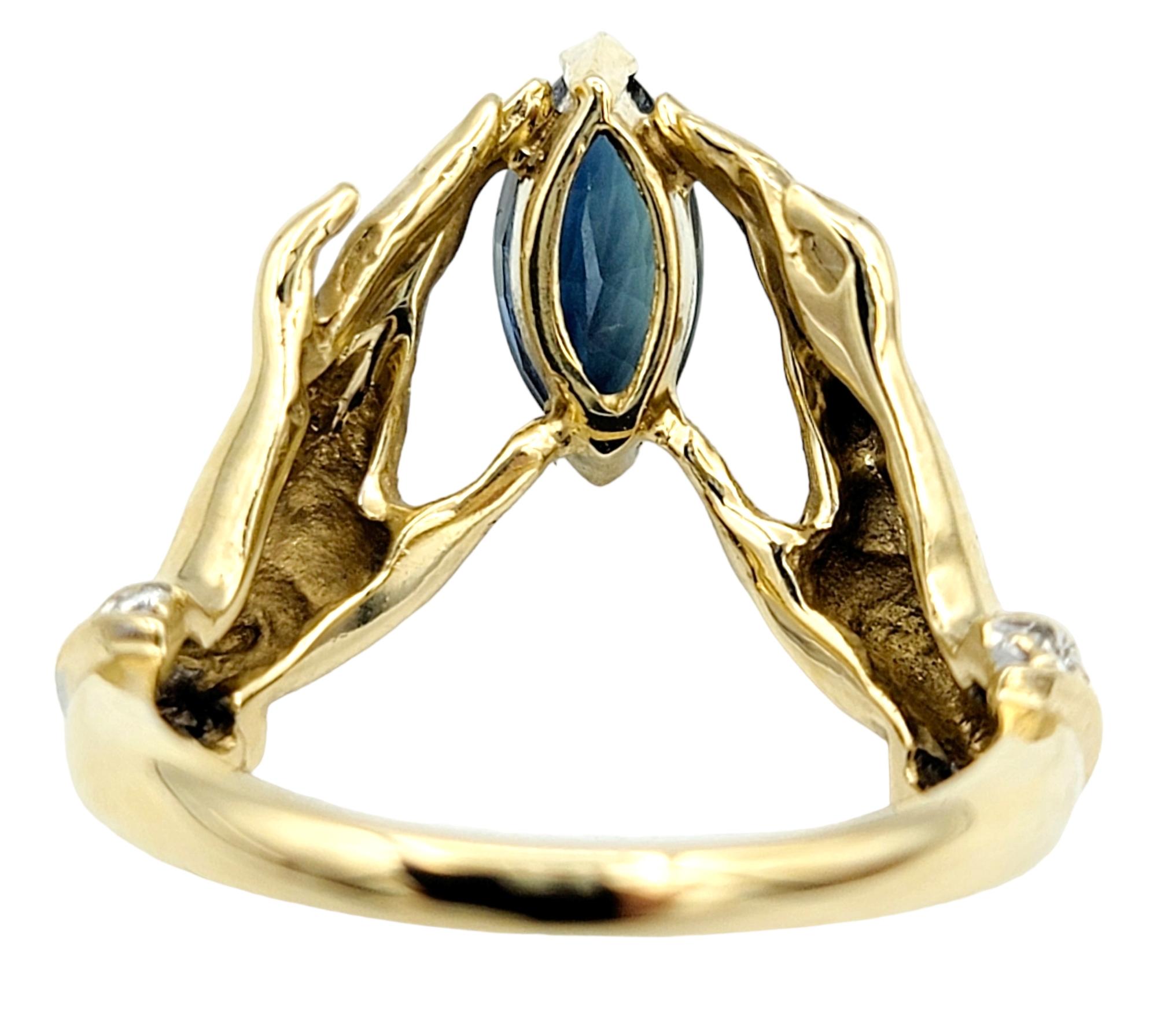 Unique Bejeweled Graceful Hands Holding Marquis Sapphire 14K Yellow Gold Ring In Good Condition For Sale In Scottsdale, AZ