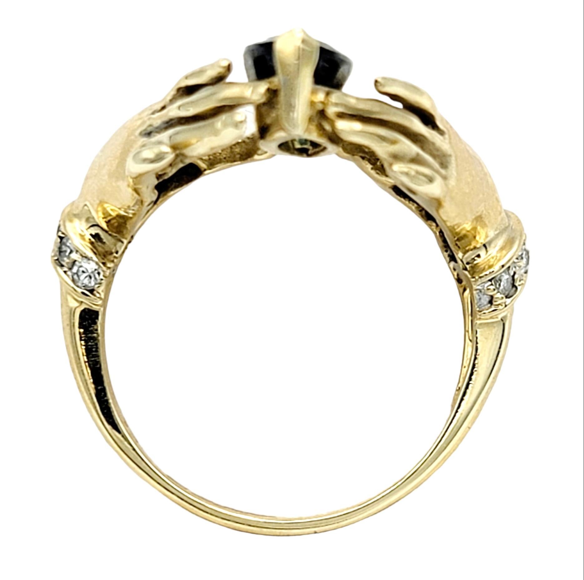 Women's Unique Bejeweled Graceful Hands Holding Marquis Sapphire 14K Yellow Gold Ring For Sale
