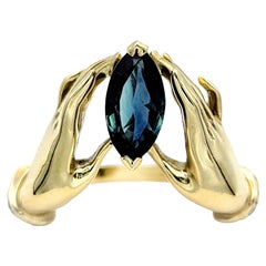 Unique Bejeweled Graceful Hands Holding Marquis Sapphire 14K Yellow Gold Ring