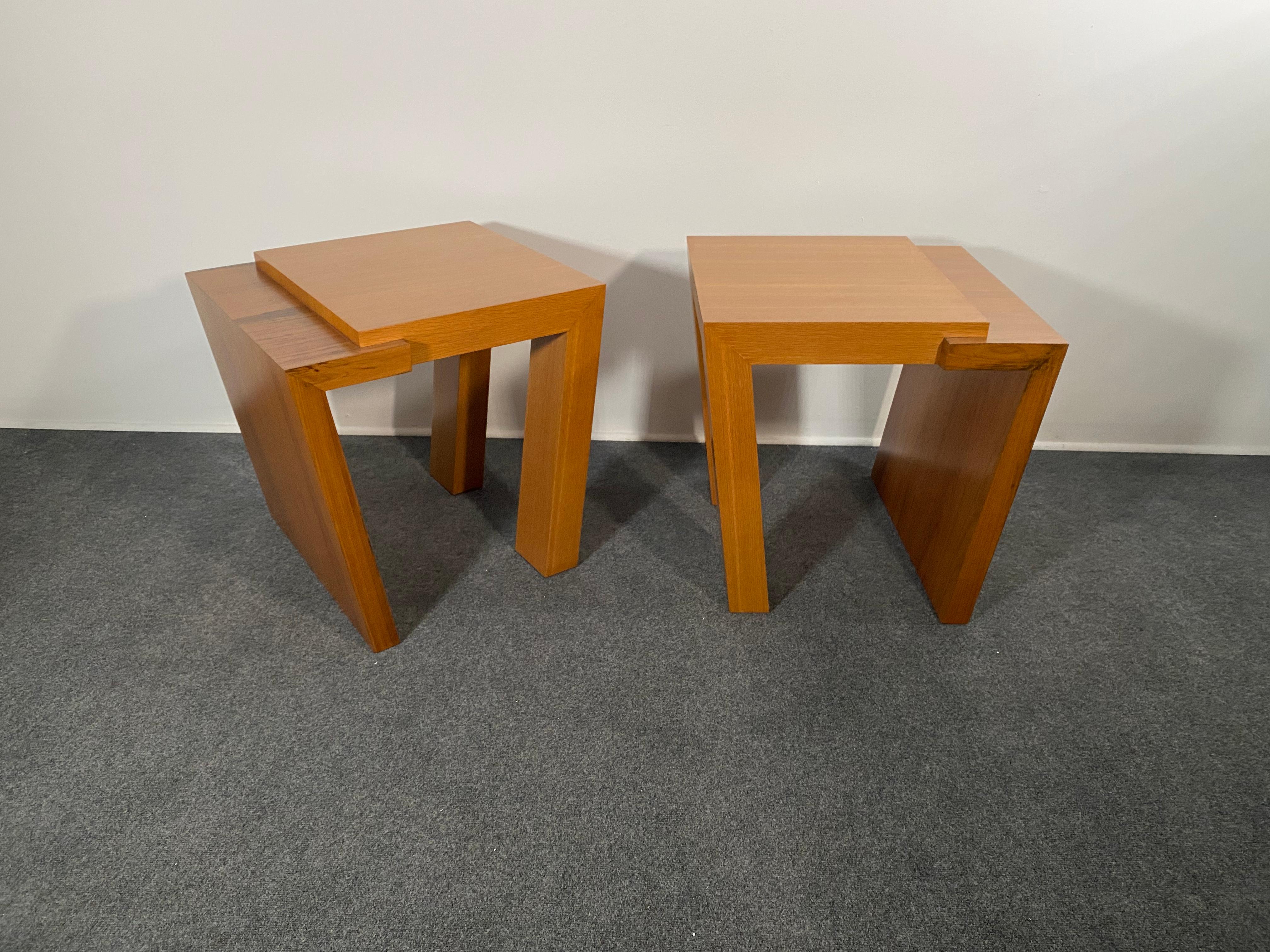 Colombian Artist Designed bespoke furniture pieces, contemporary walnut and bleached mahogany end tables.