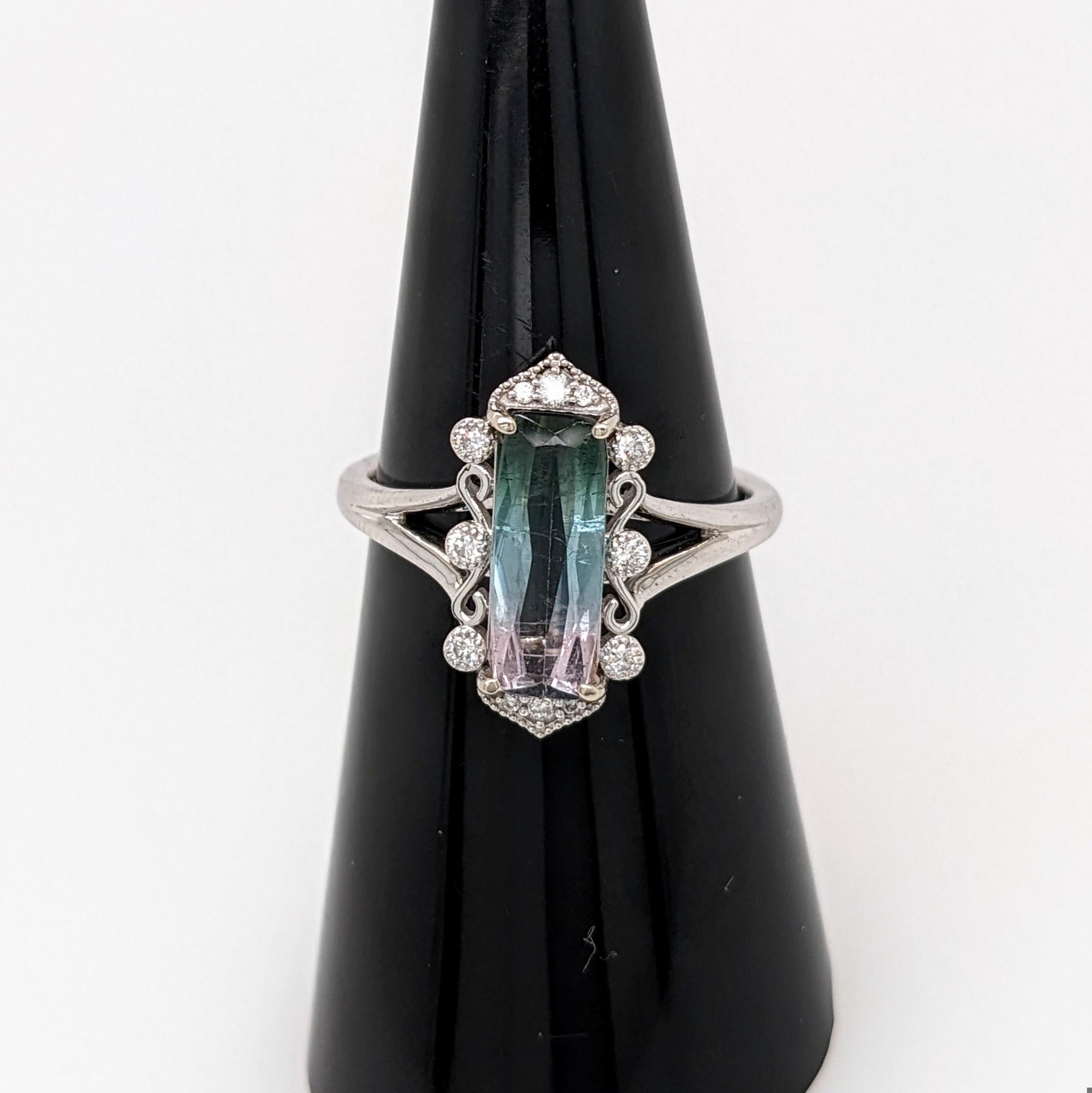 Bi-color Turmalin-Ring mit Steinmetz-Diamanten aus massivem 14K Gold EM 11,5x4,5 mm (Smaragdschliff) im Angebot