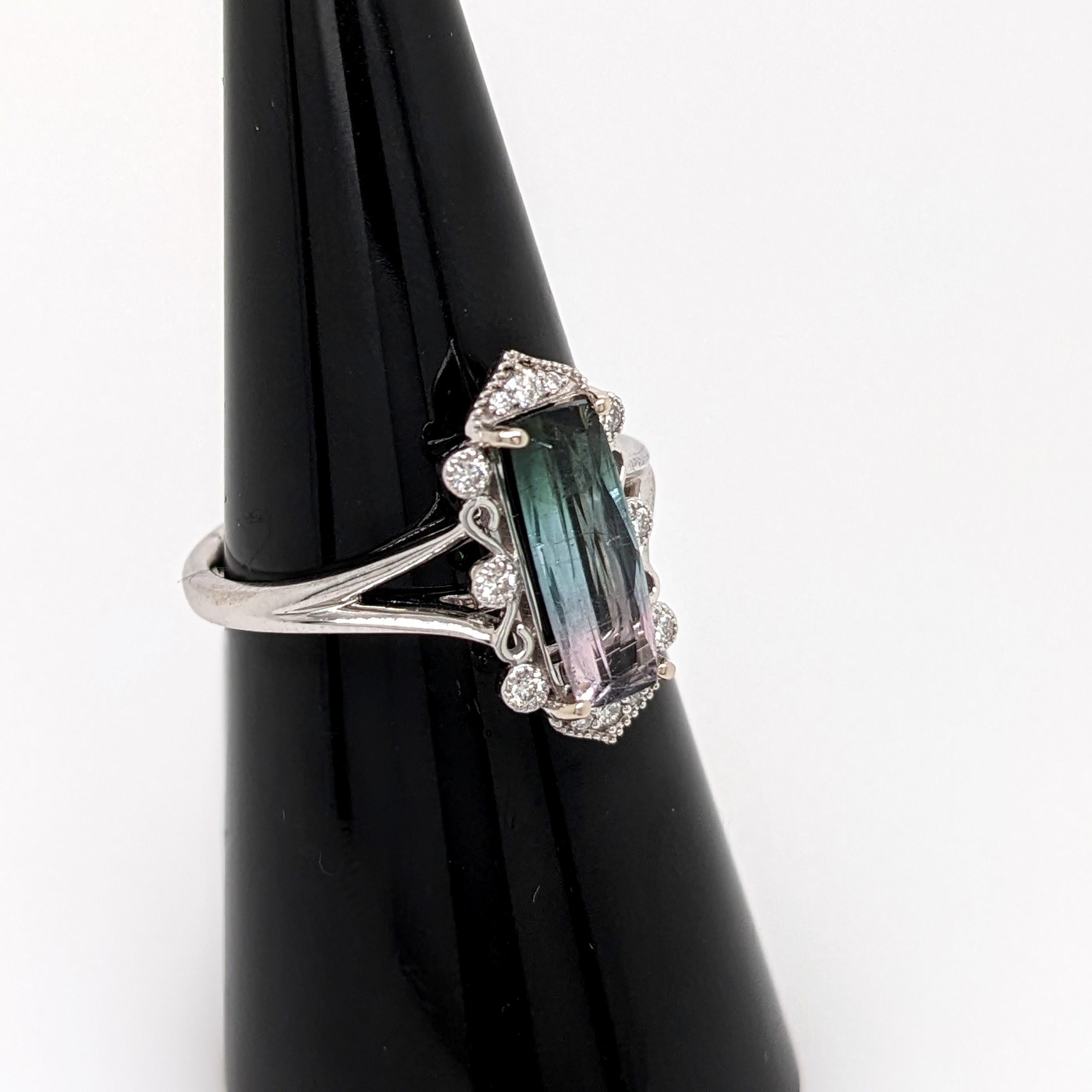 Bi-color Tourmaline Ring w Earth Mined Diamonds in Solid 14K Gold EM 11.5x4.5mm In New Condition For Sale In Columbus, OH